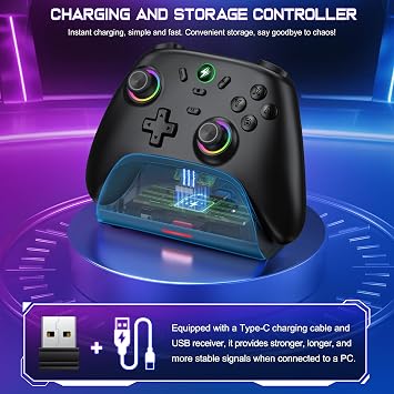 Switch Controller for Switch 1/2/Lite/OLED, Hall Joystick Wireless Switch Pro Controller with Charging Dock, support iOS/Android/Windows PC, Switch Remote with Turbo/Motion Control/Vibration
