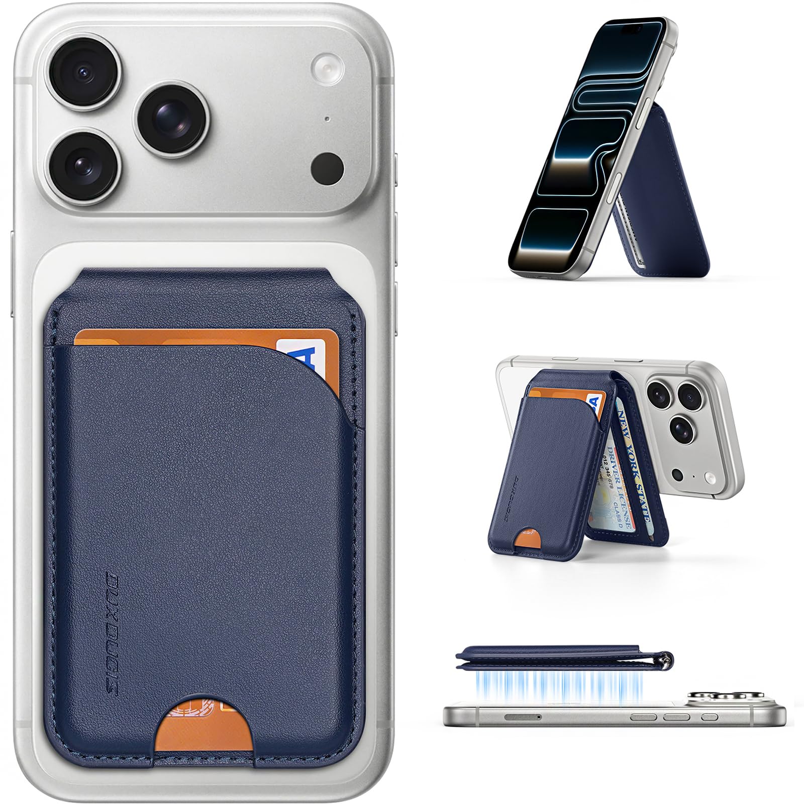 DUX DUCIS Porte-Cartes Magnétique MagSafe avec Blocage RFID, Portefeuille pour 4 Cartes, en Cuir PU, Wallet pour iPhone 17/16/15/14/13/12, Bleu