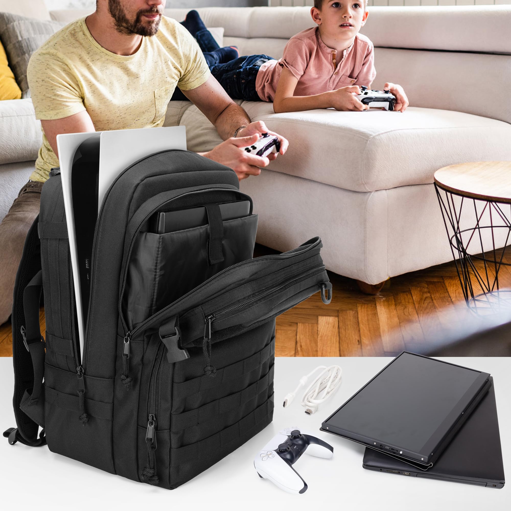 PGmoon Tactical Game plecak kompatybilny z konsolą PS5/PS5 Slim / PS4, podróżna torba do przenoszenia, torba do przechowywania laptopa 15,6", przenośnego monitora, kontrolera, zestawu słuchawkowego i