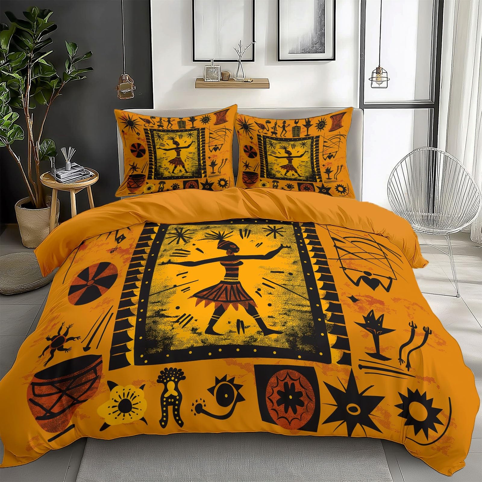 Housse de Couette Orange-Jaune 220 x 240 cm, Parure de Lit Tribal Africain Ethnique Symboles avec Fermeture Éclair, 2 Taies d'oreiller 65x65cm, Linge de Lit 2 Personnes pour Adulte Enfant