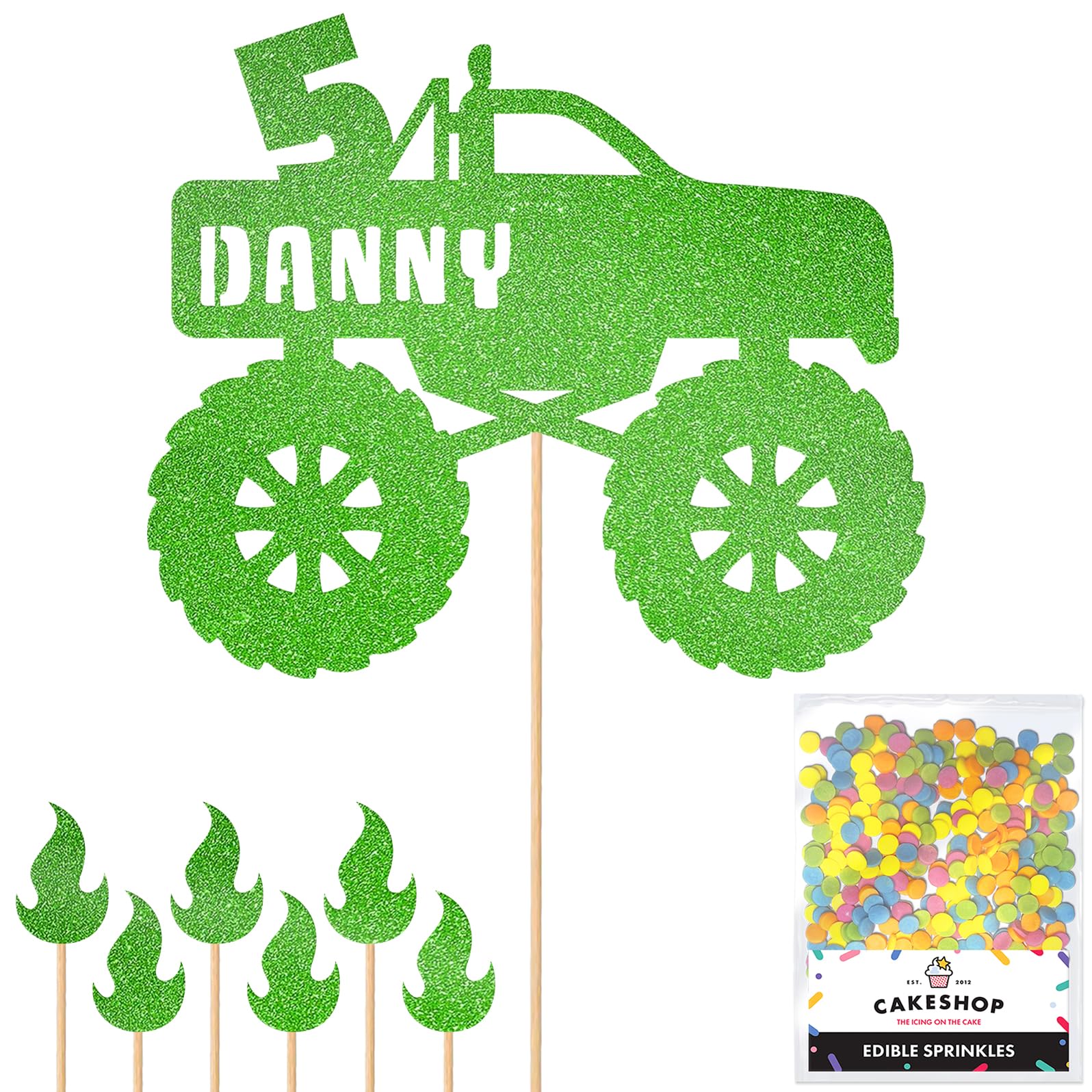 Personalised Monster Truck Glitter Cake Topper- Green Any Custom Age & Name Glitter Cake Decoration and Sprinkles - Happy Birthday Decorations - Personalised Toppers for Cakes by Cakeshop — image 1