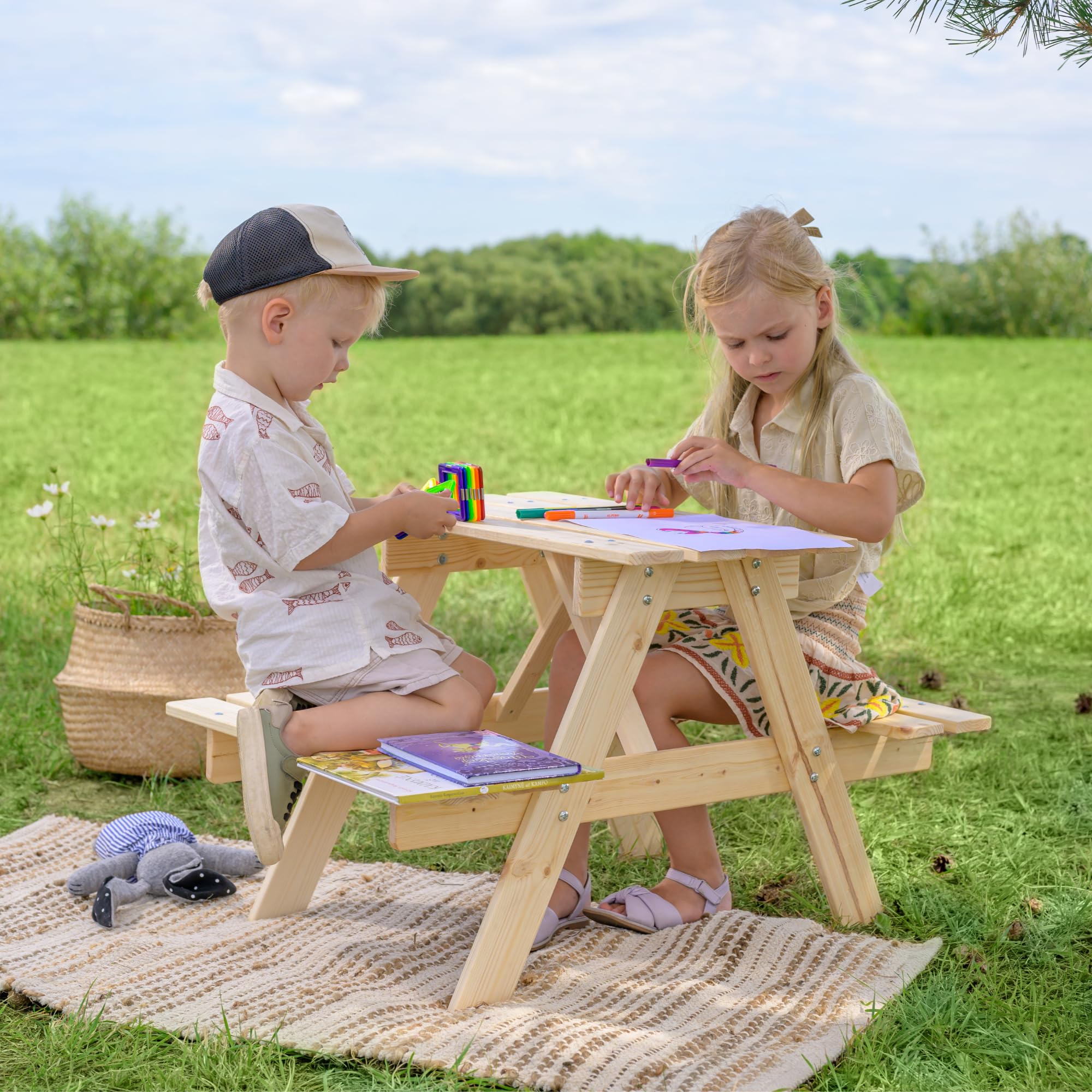 TIMBELA M012-1 Wooden Children's Table - Children's Table and Chair - Children's Garden Furniture 81x60xH50 cm - Children's Picnic Table for Outdoor or Indoor