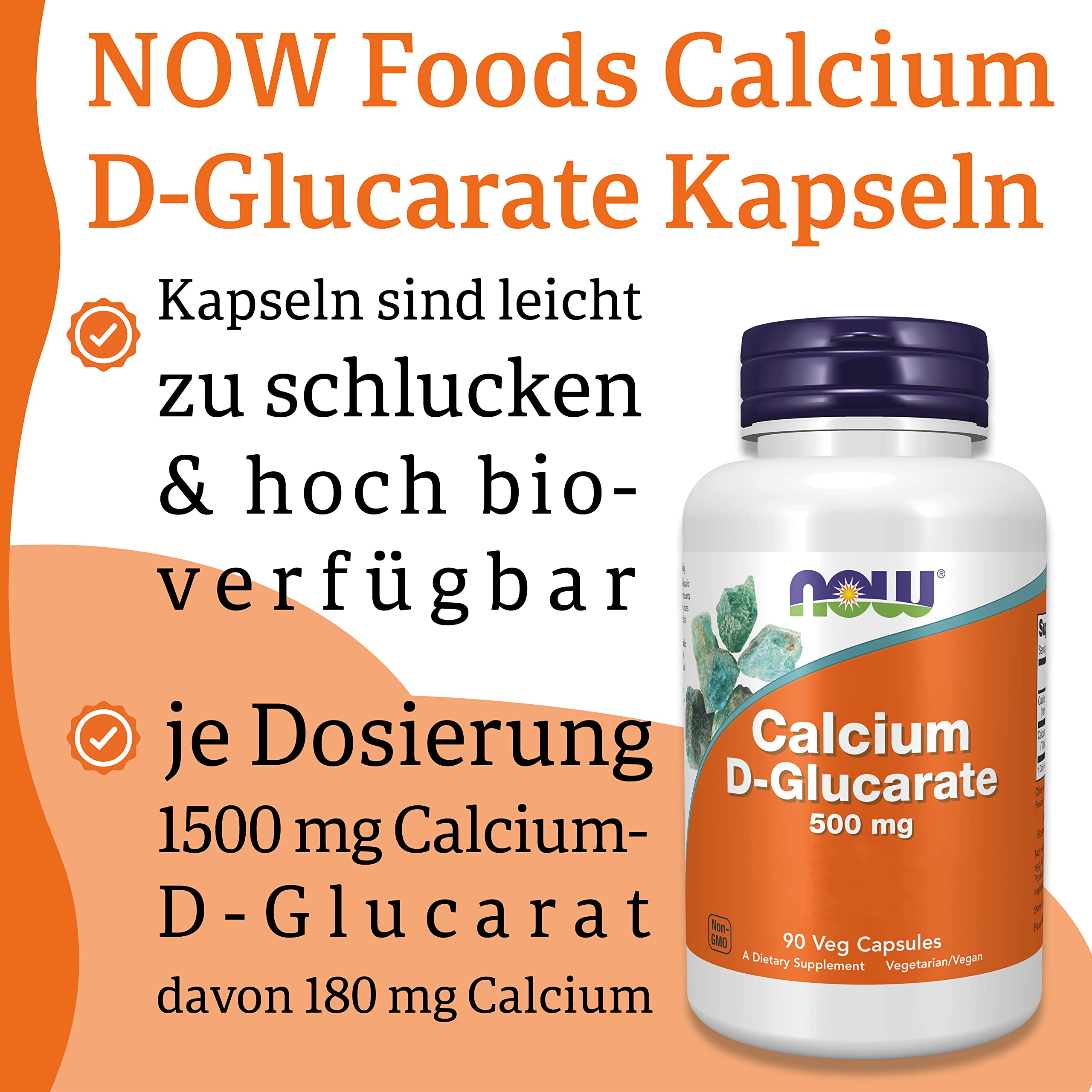 Now Foods Calcium-D-Glucarat, 500mg, hochdosiert, 90 vegane Kapseln, Laborgeprüft, Glutenfrei, Sojafrei, Vegetarisch, Ohne Gentechnik