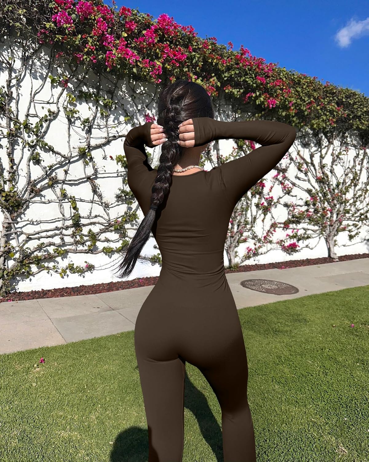 OQQ Women Jumpsuits Long Sleeve Deep V Neck Ruched Flared Jumpsuit - Image 3