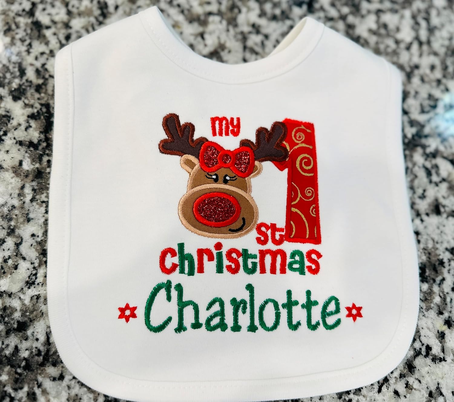 1st Christmas Baby Girl Bib with Holiday Reindeer Personalized with Baby Custom Name