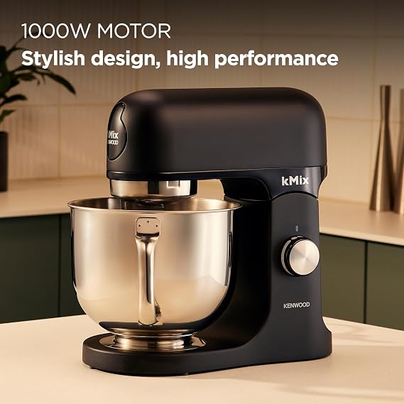 Kenwood kMix Sleek Black - Stand Mixer for Easy Baking, 5L Stainless Steel Bowl, Planetary Mixing, Metal Body, Variable Speed Control, 3-Piece Patisserie Set & Splash Guard, 1000W, Black (KMX751ABK)