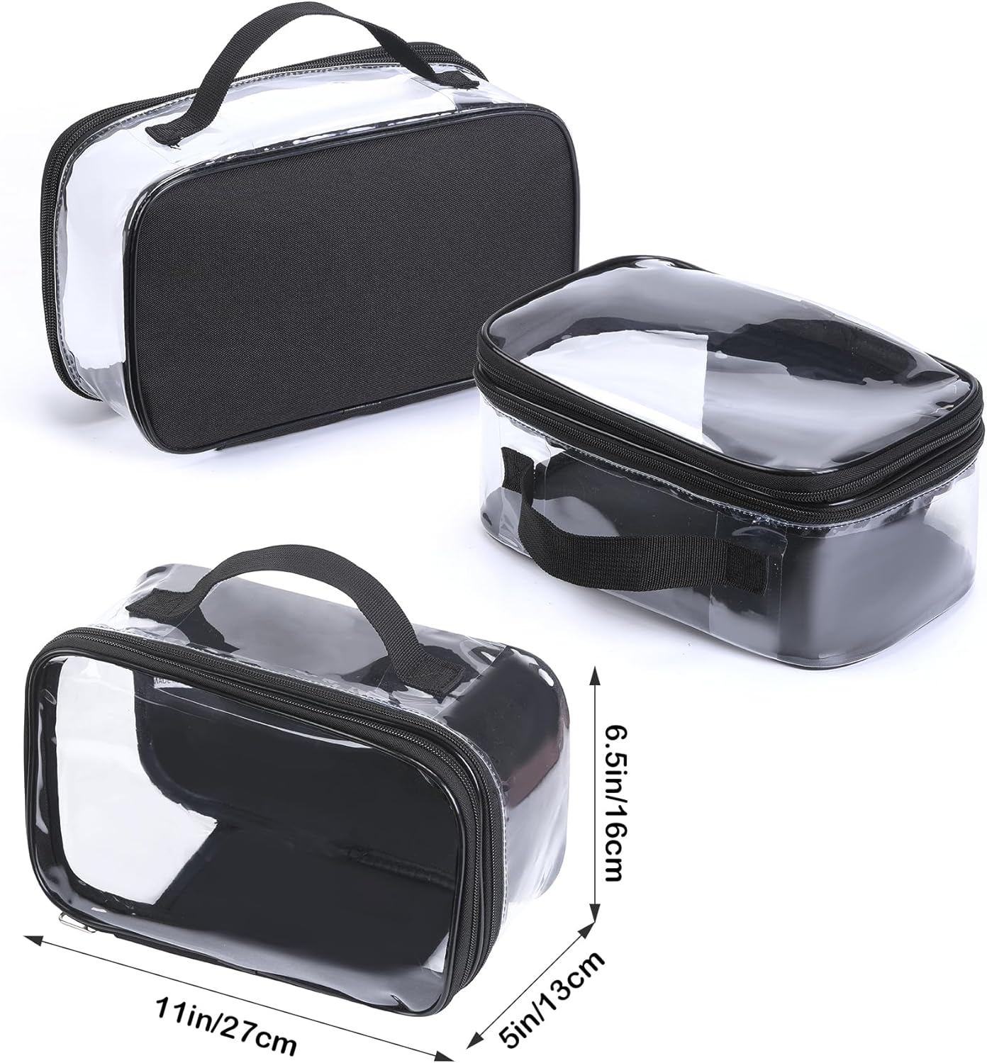 Large Clear travel bags for toiletries pouches carry on reusable,purse see-through plastic pvc TSA airport approved with handle (Black) - Image 2