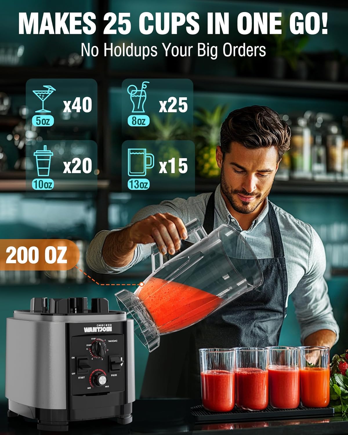 WantJoin Commercial Blender showing it can make 25 cups in one go