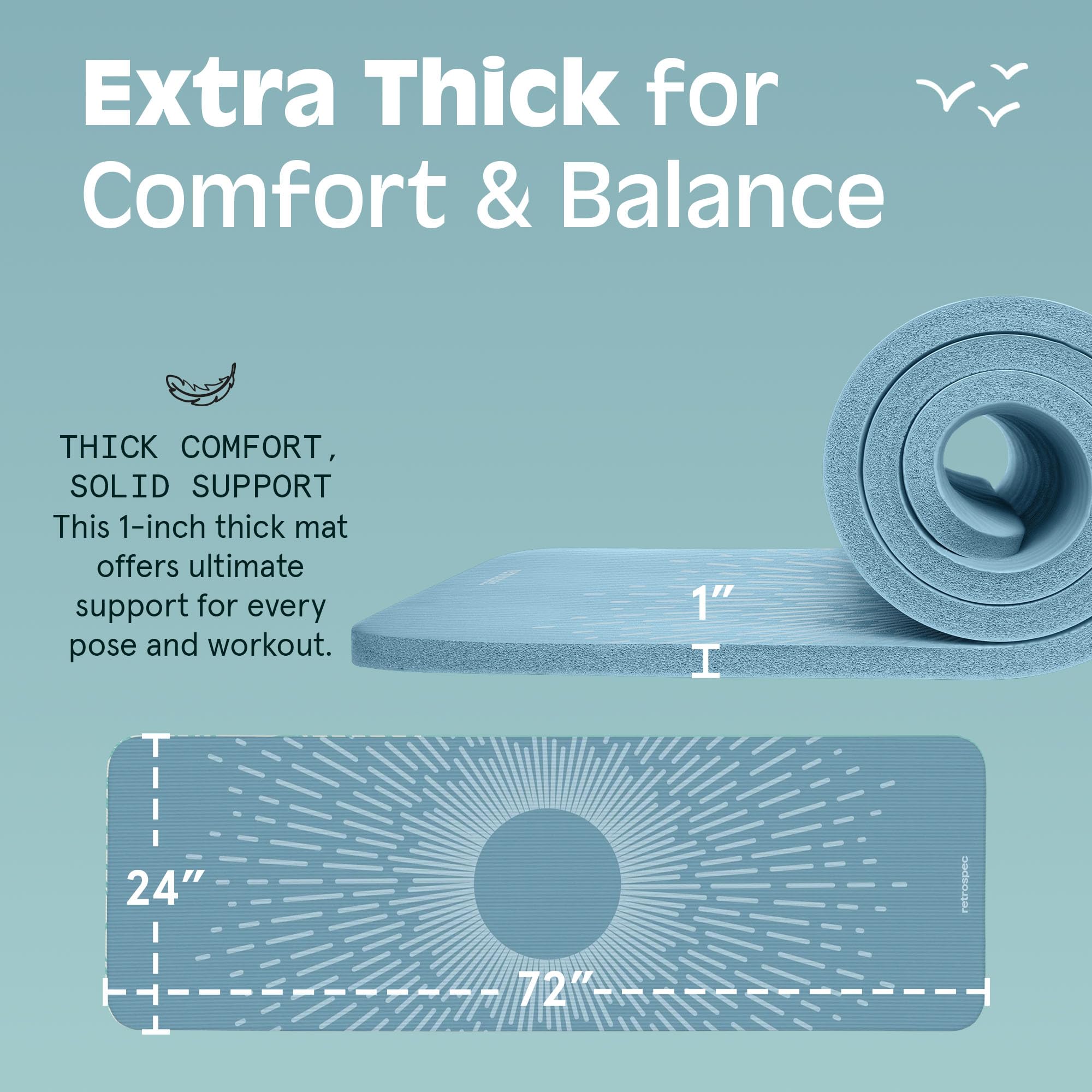 Retrospec Solana Yogamatte, 2,5 cm und 1,27 cm dick, mit Nylonband, für Damen und Herren, rutschfeste Übungsmatte für Yoga