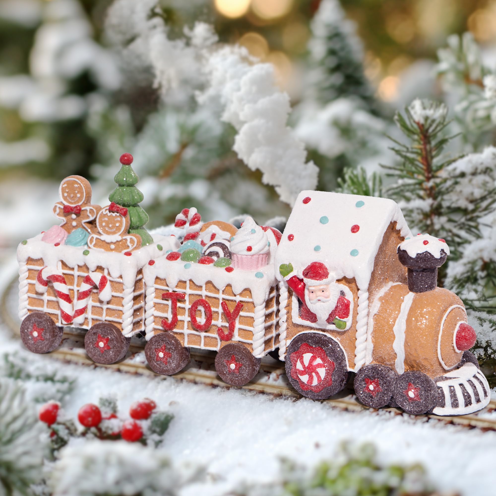 Hodao Figuras navideñas de tren de hombre de jengibre, bonitas decoraciones navideñas para interiores, para mesa, chimenea o centro de mesa, decoración perfecta de invierno y regalo (7.5 pulgadas de