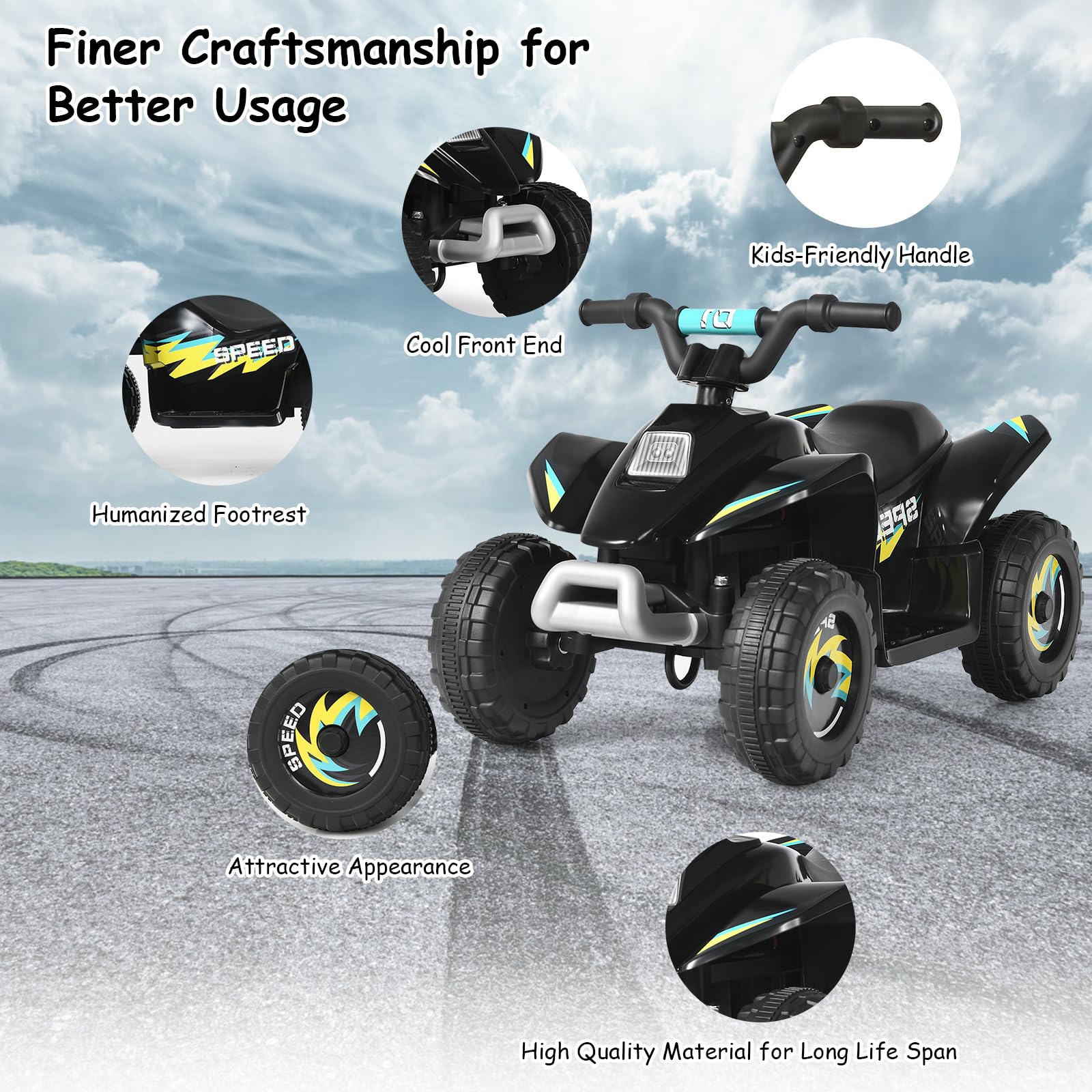 SOARS 6V Elektro Quad für Kinder, 2,8-4,6 km/h, Quad mit Vorwärts-, Rückwärtsfunktion, Elektrofahrzeug, Kinderfahrzeug für Kinder ab 3 Jahren, 73 x 40 x 44,5 cm (Schwarz)