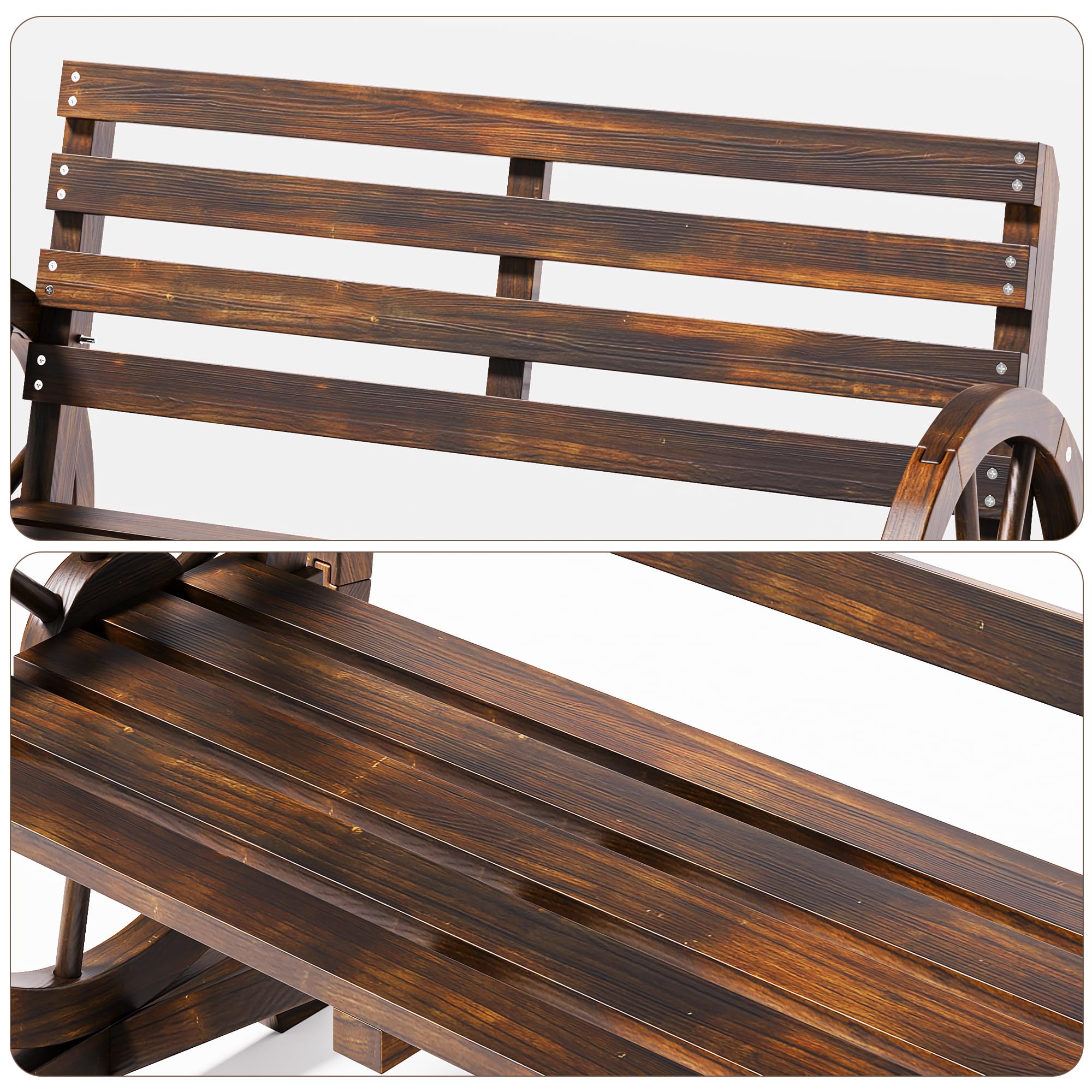 Banco de Exterior 2 Plazas, Madera de Cedro Macizo Resistente a la Intemperie, Reposabrazos en Forma de Rueda, Estilo Campestre, Carga 300 kg, para Patio Jardín Parque, 103x54x78 cm