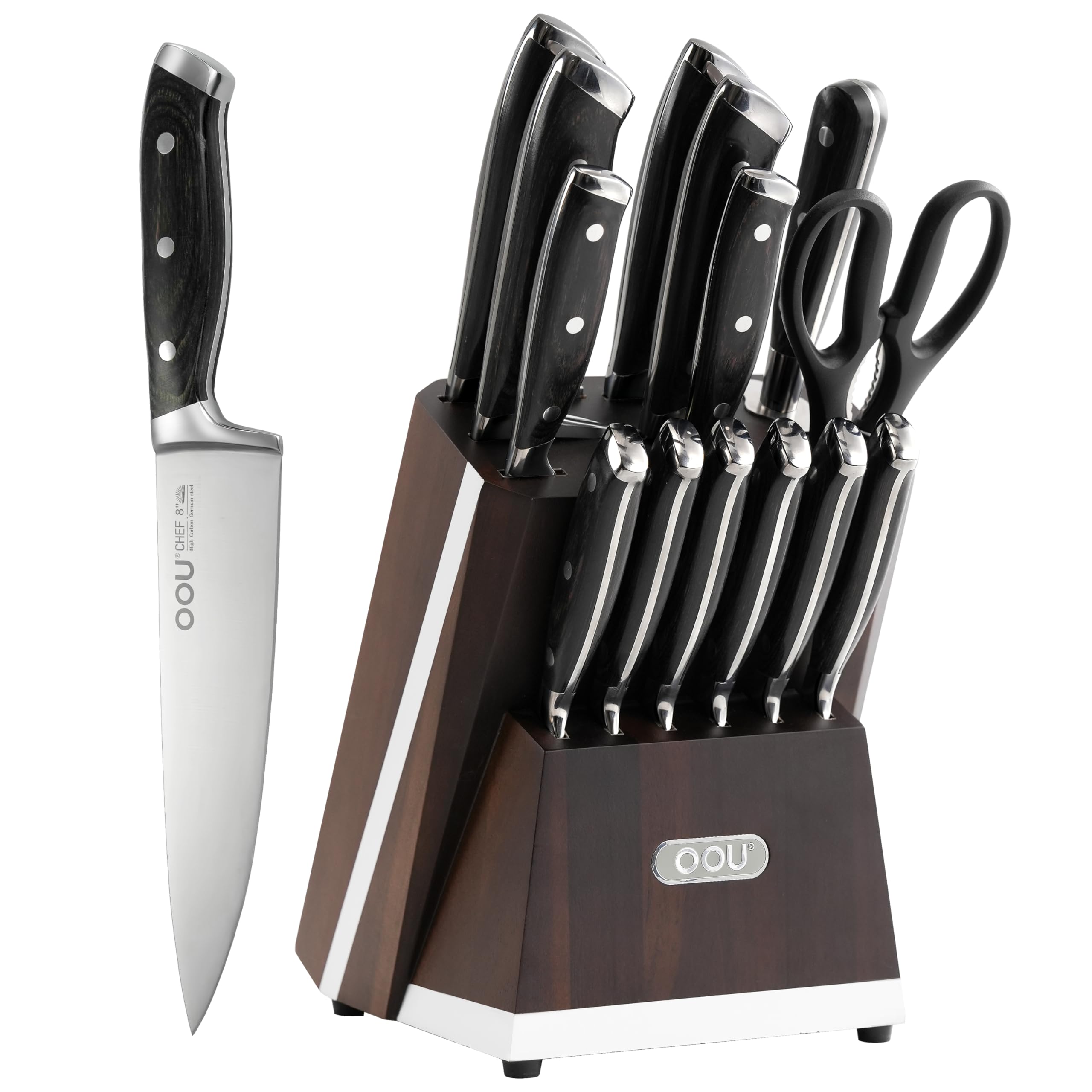 OOU 2025 Kitchen Knife Set with Block 15-Piece German Stainless Steel Knife Blcok Set with Sharpening Rod Ergonomic