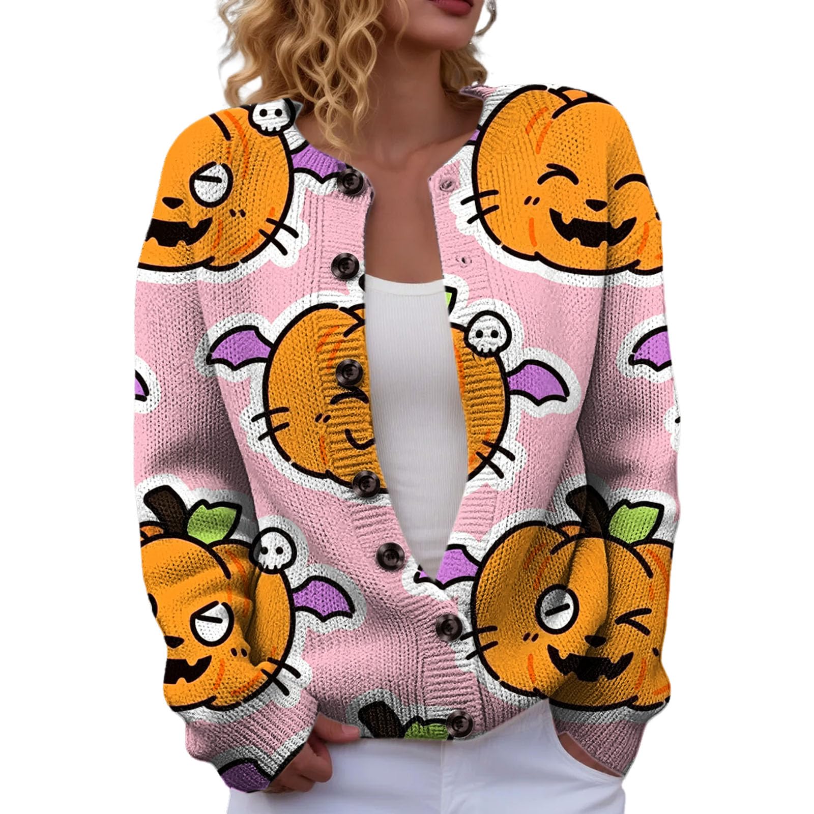 Generisch Maglione da donna autunnale con bottoni, cardigan lavorato a maglia, a girocollo, per le mezze stagioni, cardigan da donna con cappuccio, cardigan autunnale, elegante, per la mezza stagione