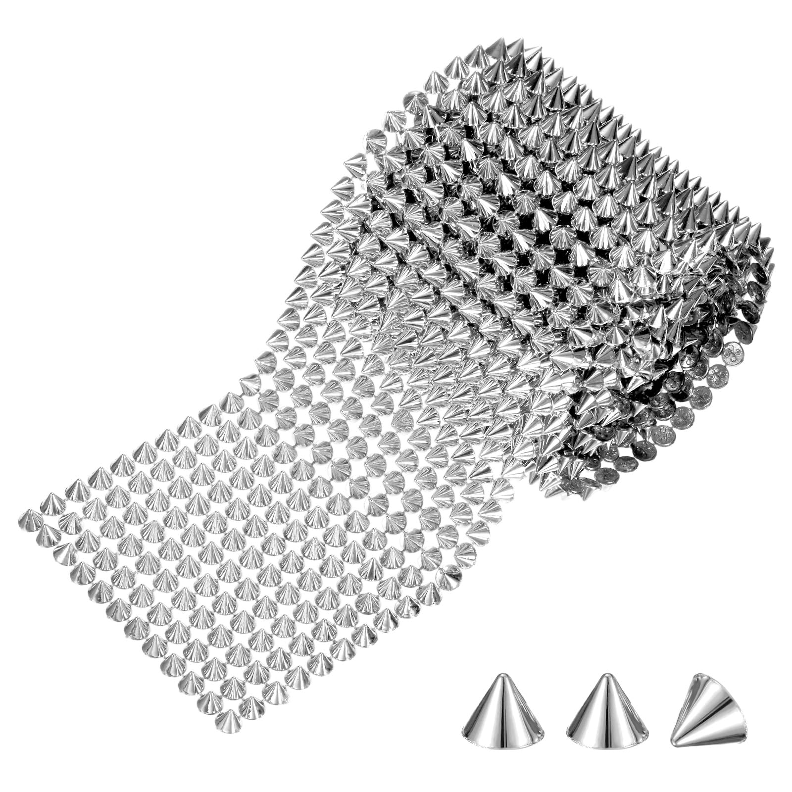 M METERXITY 2 Yards Sew Stitch on Spikes Stud Cone 12Rows Plastic Silver Spike Rivet with Flat Back Punk Rock Trim Mesh Bead for DIY Crafts/Clothes/Shoes/Bags