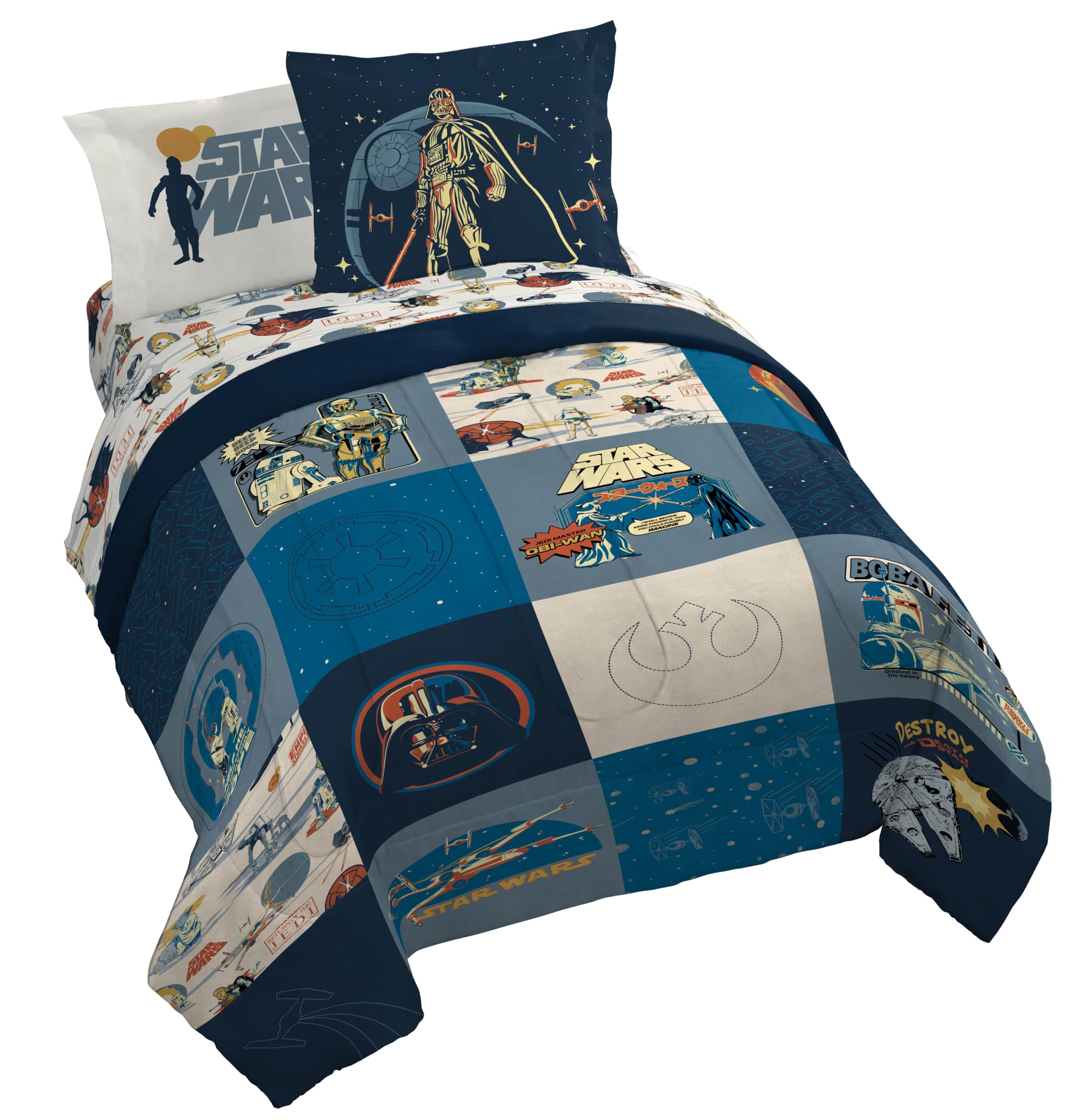 Jay Franco Kids Comforter Set Includes Sheets and Pillow Covers - Soft and Cozy Bed Set for Stylish Room Decor, Blue - Star Wars 01, 7 Piece Queen Bedding