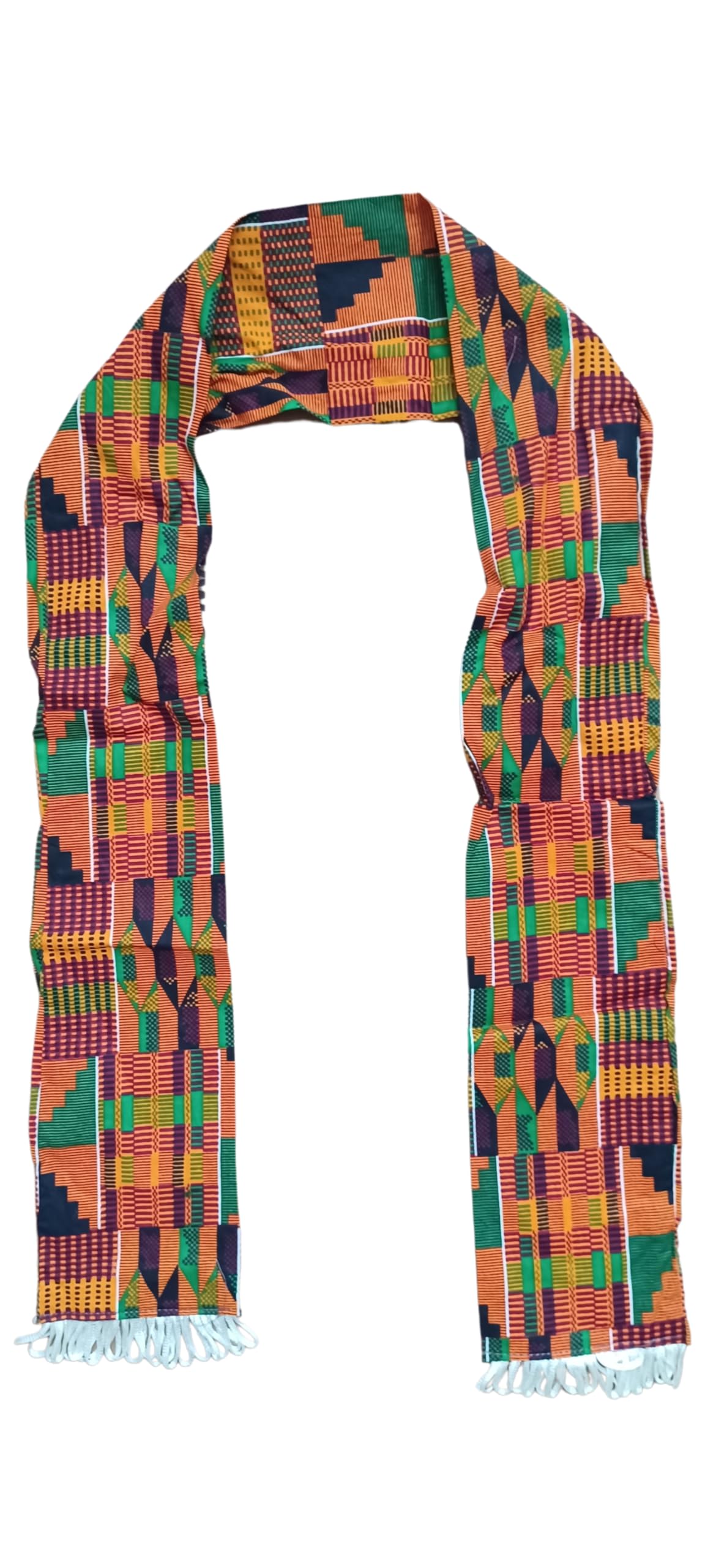 New! African Kente Cloth print Scarf Stole Green With Silver Tassels