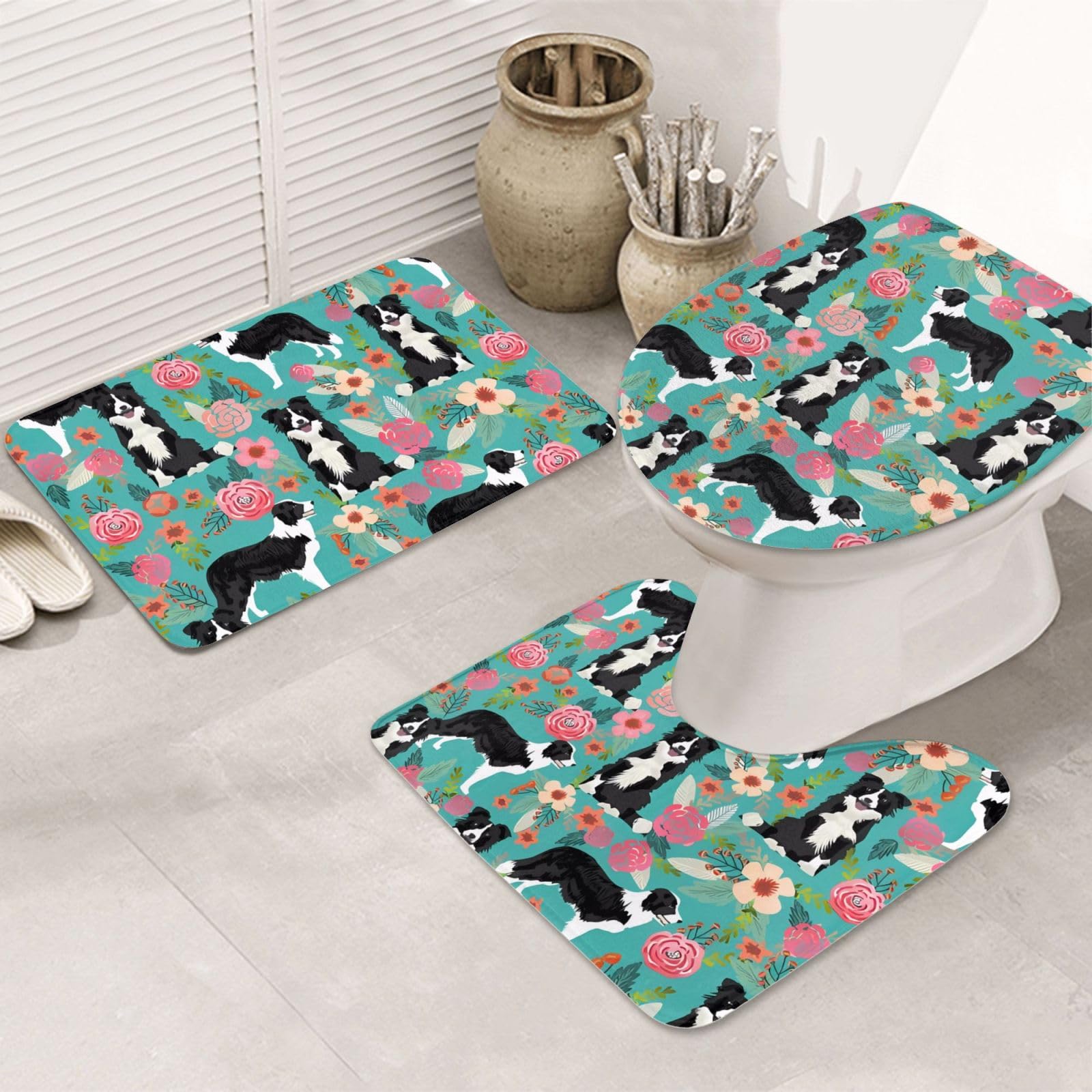 Tapis de bain Border Collie en microfibre : lot de 3 pièces absorbantes et antidérapantes