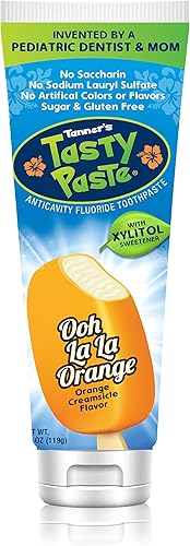 Tanner's Tasty Paste Ooh La La Orange - Pasta de dientes anticaries con flúor para niños/Pasta de dientes con sabor a vainilla de gran sabor, segura