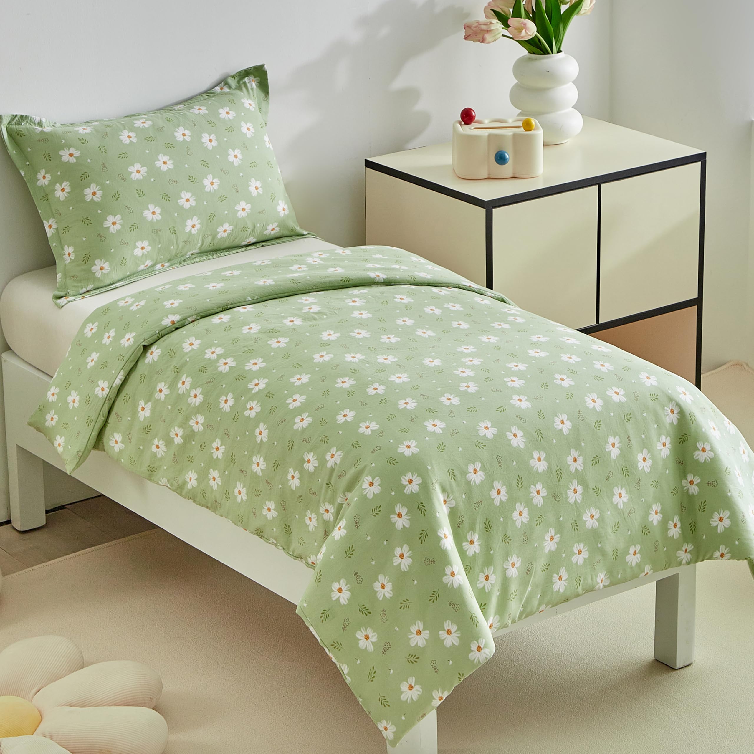 DuShow Floral Single Bedding Set For Girls and Boys,Kids Single Bed Duvet Cover and Pillowcase Set Flower Duvet Cover Set Green-135 x 200 - Image 2