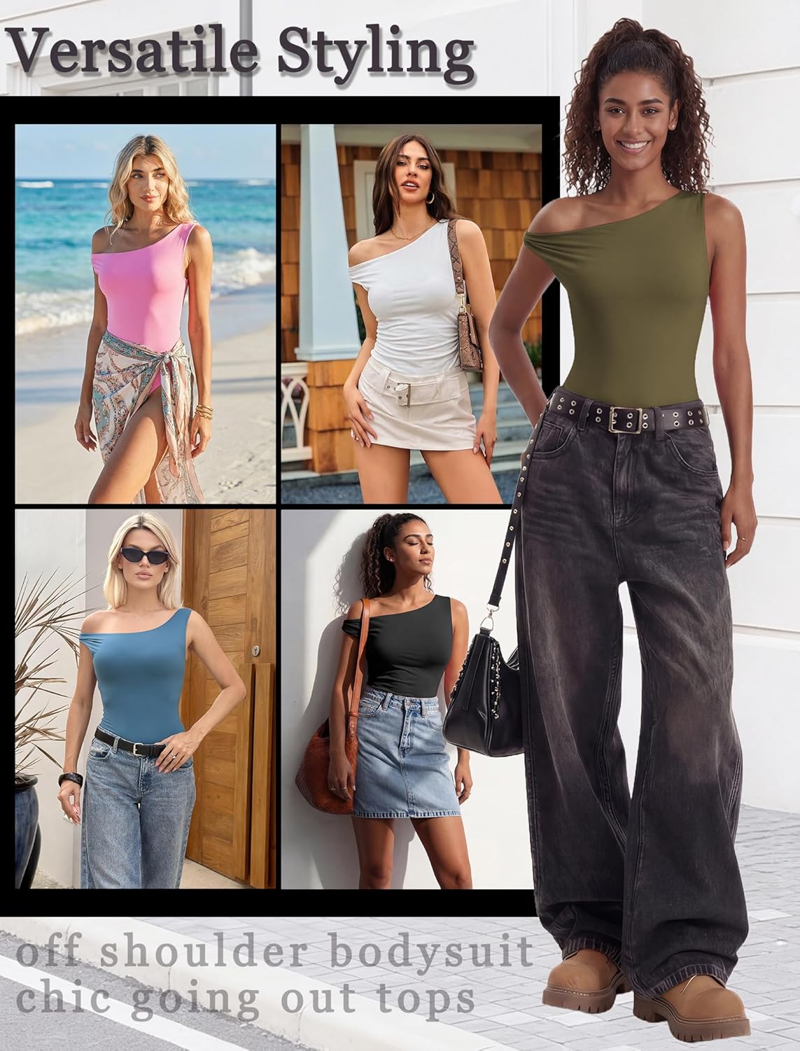 Avidlove Bodysuits for Women Off Shoulder Thong Bodysuit Double Lined One Piece Leotard Asymmetric Going Out Tops