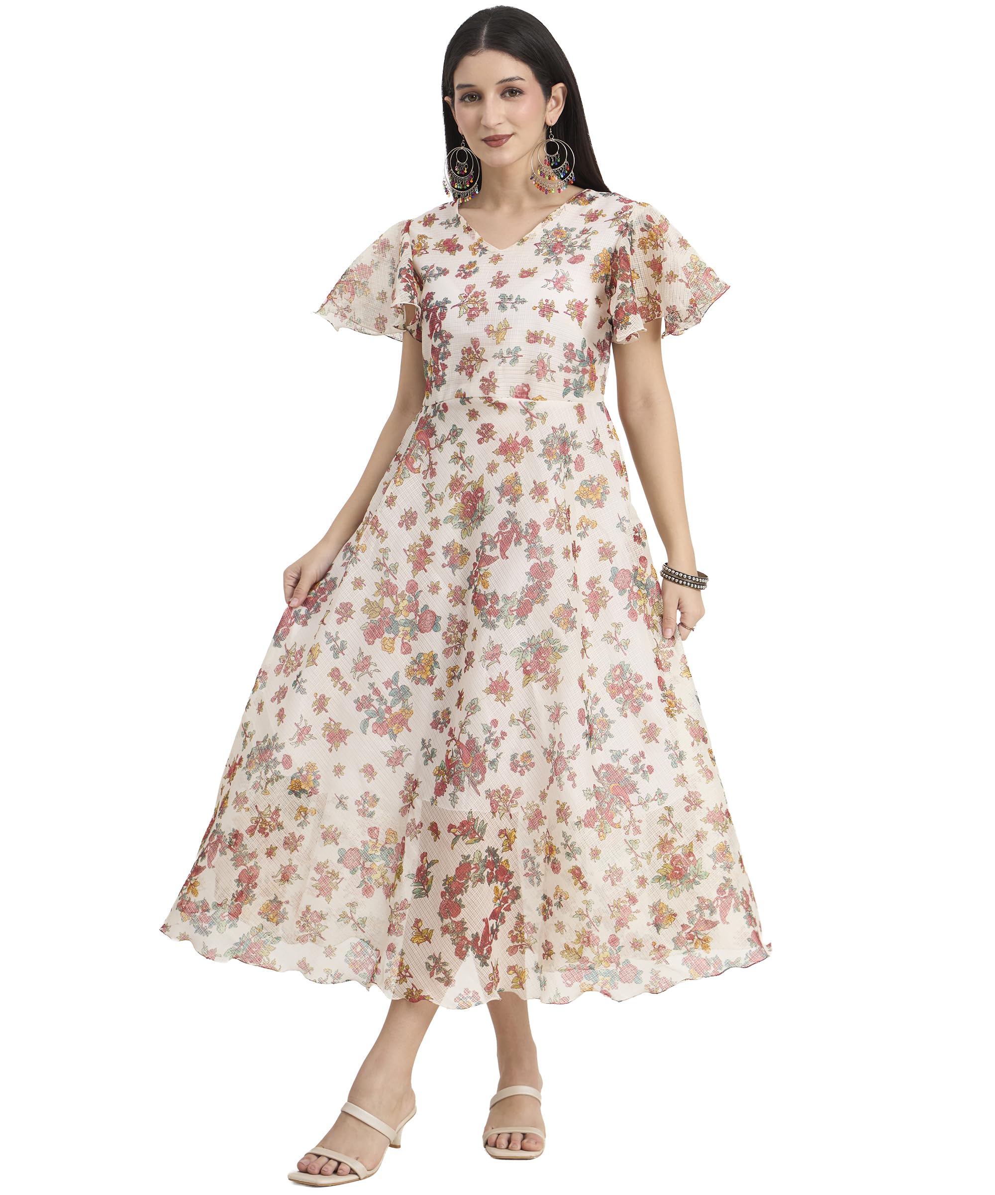 Women's Georgette Paisley Print Midi Dress Maxi, V-Neck, Flutter Sleeves Size xs to 3XL-image-19