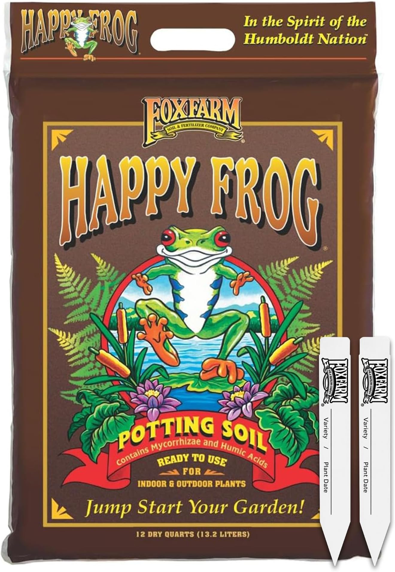 FoxFarm Happy Frog Potting Soil with 2 Plant Tags, 12 Quarts – Ready-to-Use Amended Container Blend with Soil Microbes, Earthworm Castings & Bat Guano – for Indoor & Outdoor Plants