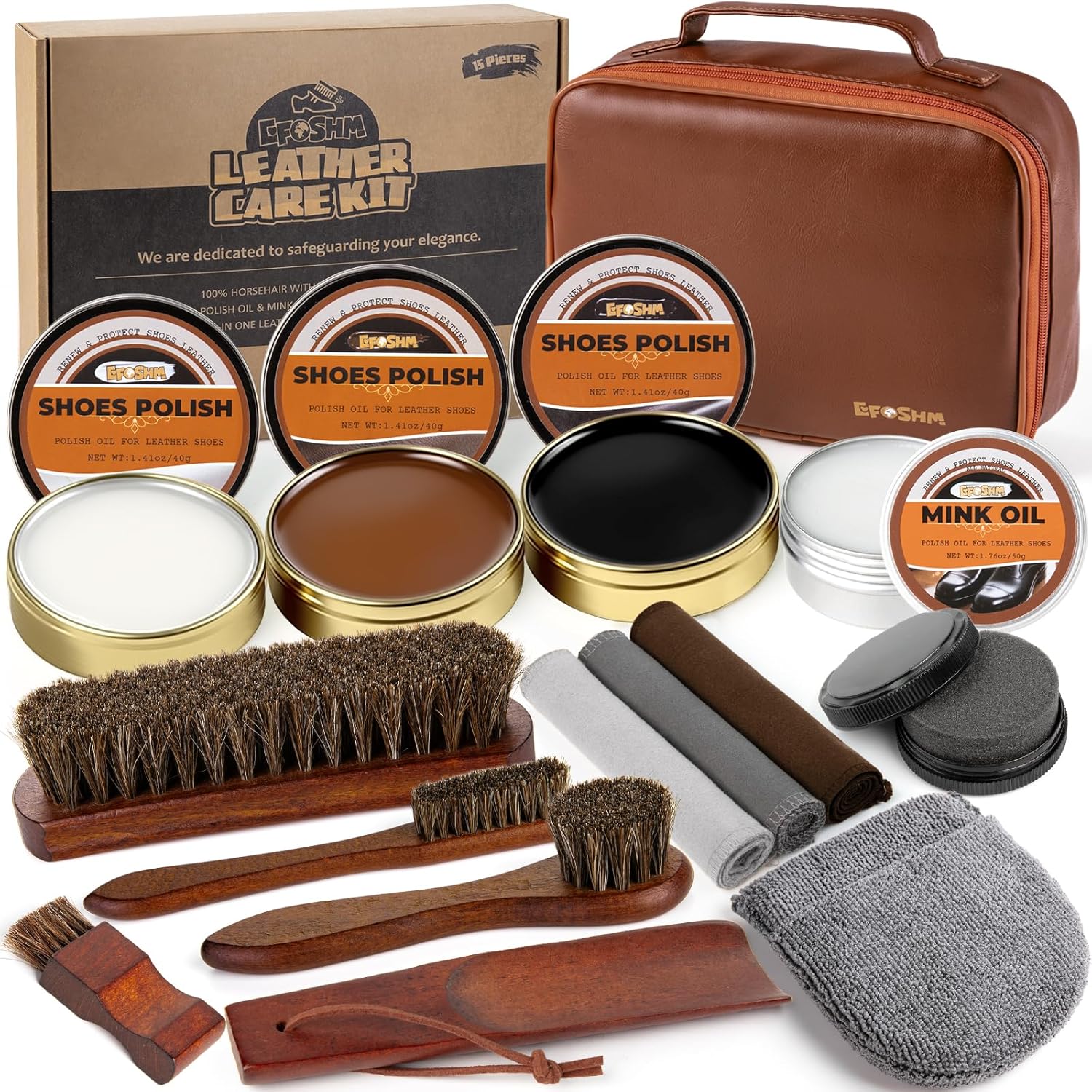 EFO SHM Shoe Shine Kit – 15-in-1 Leather Shoe Polish & Care Set with 4 Horsehair Brushes, Black Brown Neutral Wax, Mink Oil, 3 Cloths Shine Sponge Boot Care Cleaning Mens Gifts Luxury Leather Case