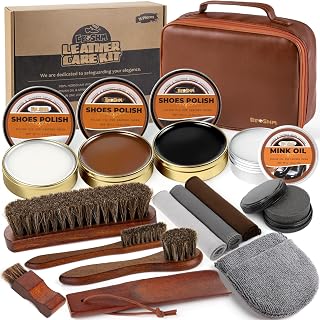 Shoe Shine Kit – 15-in-1 Leather Shoe Polish & Care Set with Black Brown Neutral Shoe Polish, Mink Oil, 4 Horsehair Brushes, 3 Cloths Sponge Boot Cleaning Kit Father Day Mens Gifts Luxury Leather Case