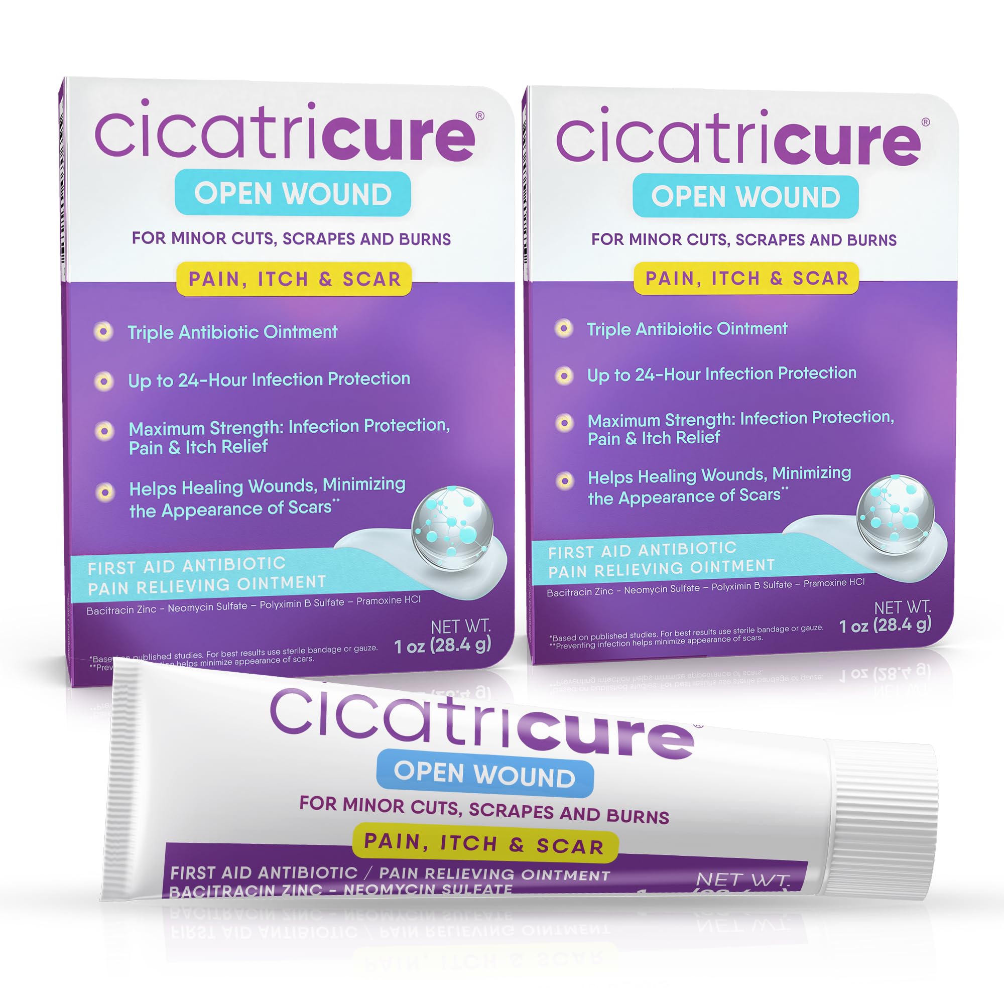 Cicatricure Triple Antibiotic Ointment with Pain Relief, Bacitracin Antibiotic Ointment & Cream for Wound Care, Healing Ointment for Cuts, Burns, Insect Bites, First Aid Supplies Essential, 1 oz