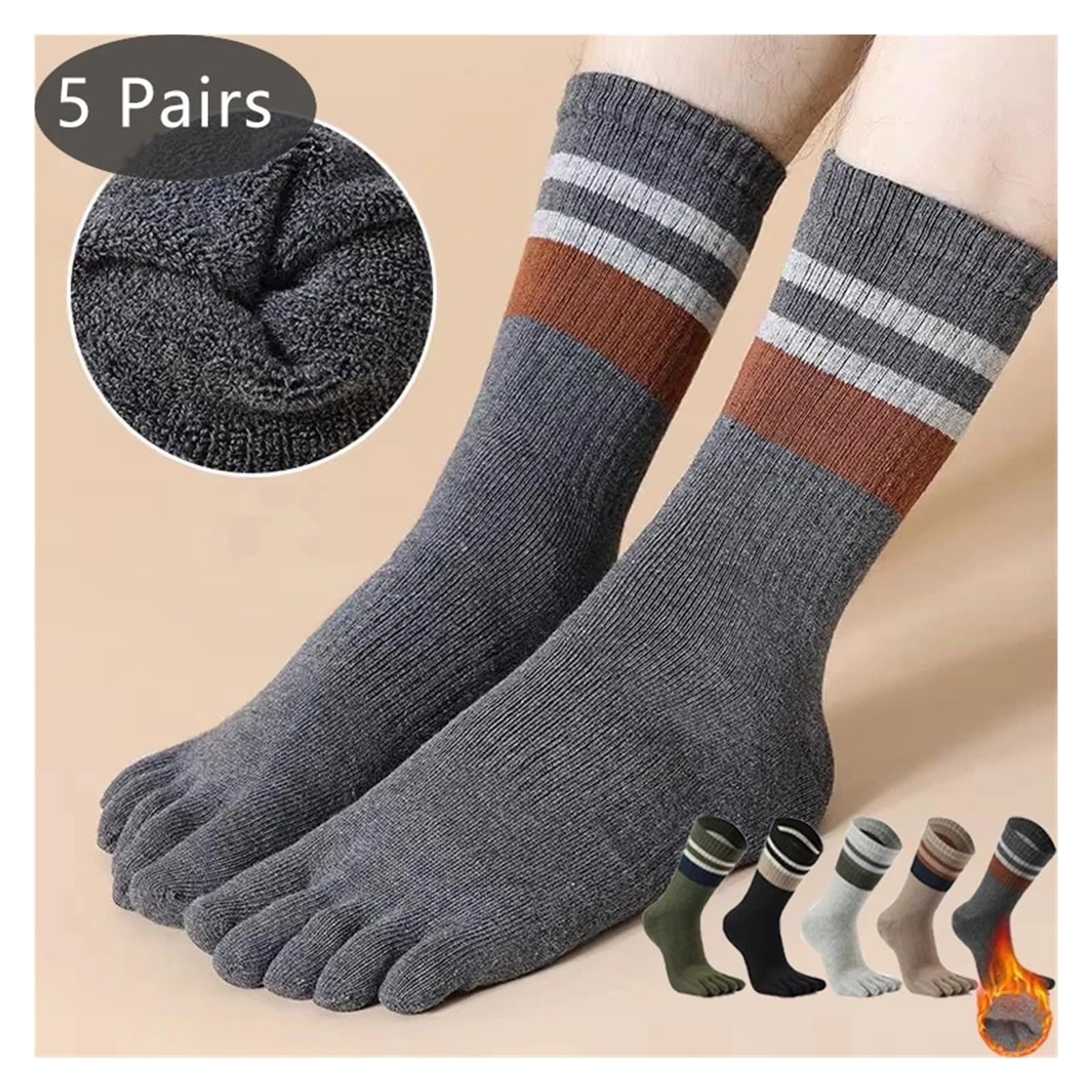 5 Paia Di Calzini Da Uomo In Cotone A Righe Spessi, Morbidi Ed Elastici Che Assorbono Il Sudore, Mantengono Caldo Vestito Festa, Lunghi Dita per uomo e donna