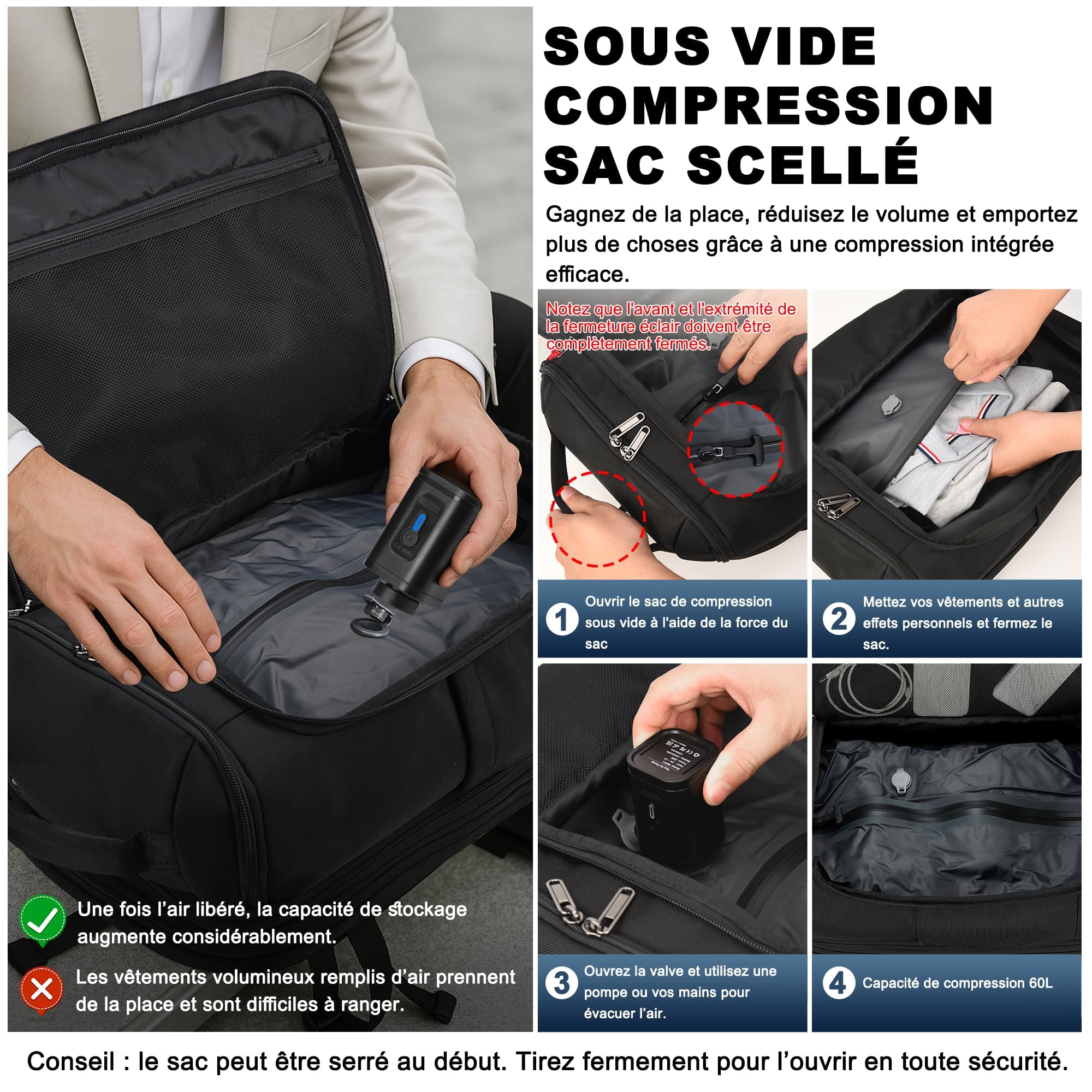 sac de voyage sous vide, 60 L extensible sac a dos compression sous vide, sac à dos pour ordinateur portable 17 pouces,sac a dos voyage cabine avion sous vide avec pompe, noir