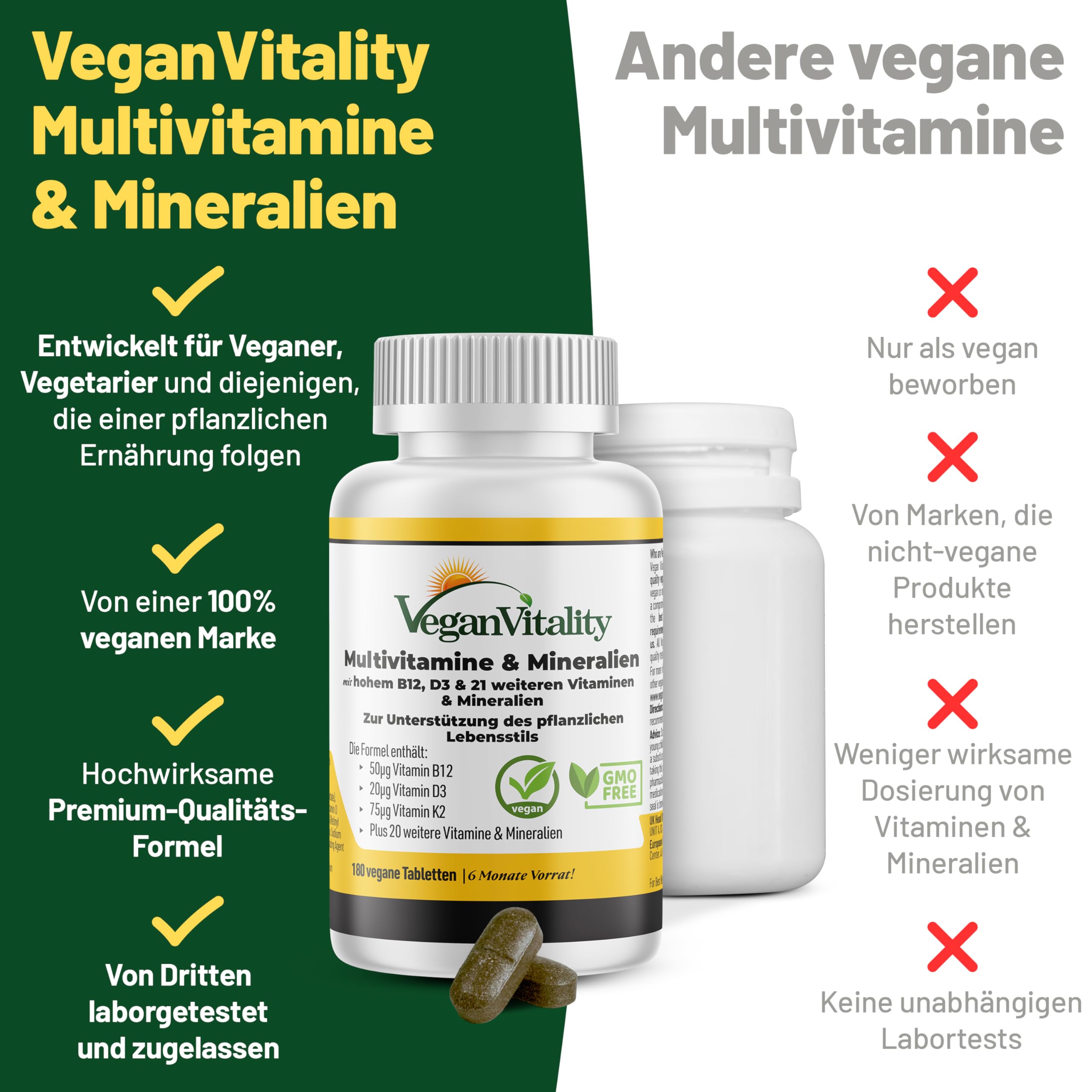 Vegan Multivitamin Tabletten hochdosiert - Vitamin b12 vegan & Eisen. 180 Multivitamin Tabletten Nahrungsergänzungsmittel - 6 Monate Vegan & Vegetarier - Alle Vitamine in einer Tablette