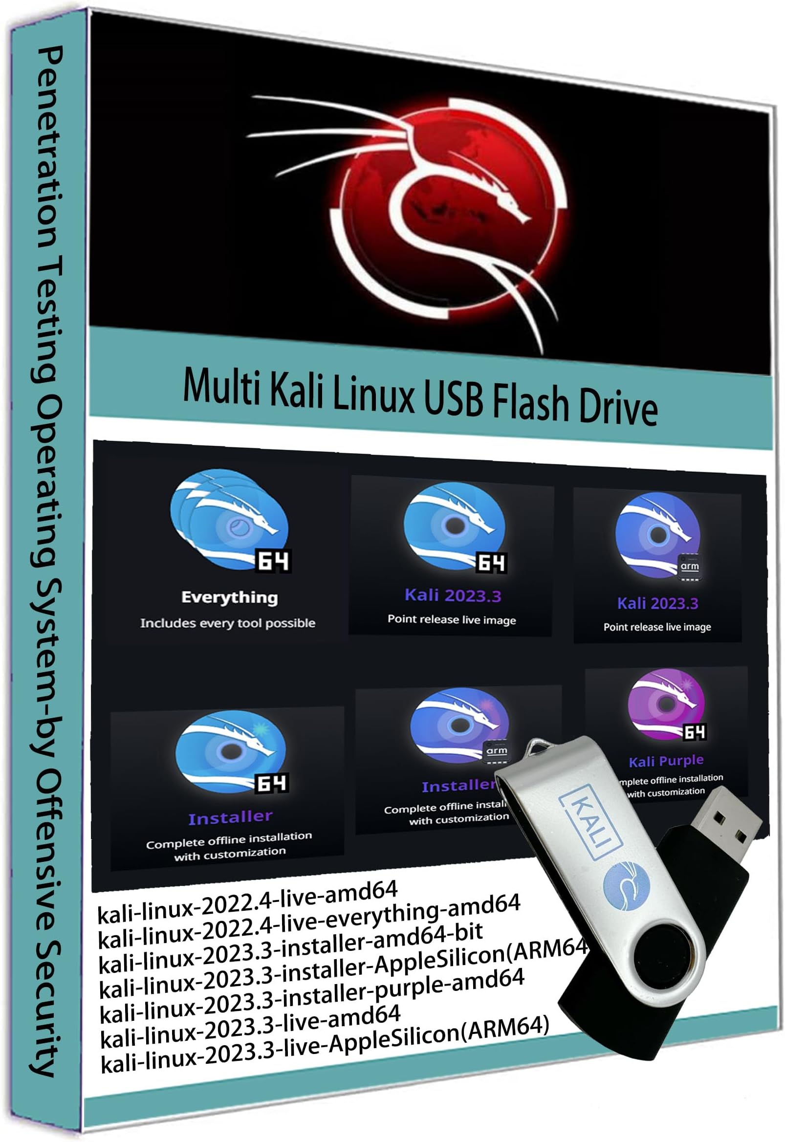 Multi Kali Linux Live Boot 2022.4-Live | 2023.3-Live-Everything | Kali Purple | 2023.3-Installer Install Bootable Live 64 GB USB | Penetration Testing Operating System
