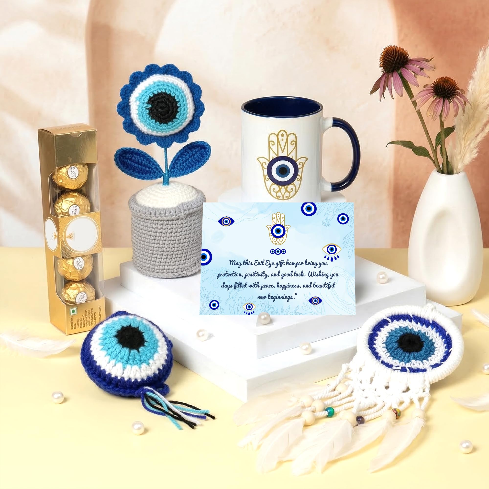 THE LOONY BOX Evil Eye Gift Hamper – Crochet Evil Eye Flower Pot, Mug, Dreamcatcher, Crochet Keychain, Chocolate Pack & Card | Gift Set for Birthday, Anniversary, Housewarming & Festive Gifting-image-43