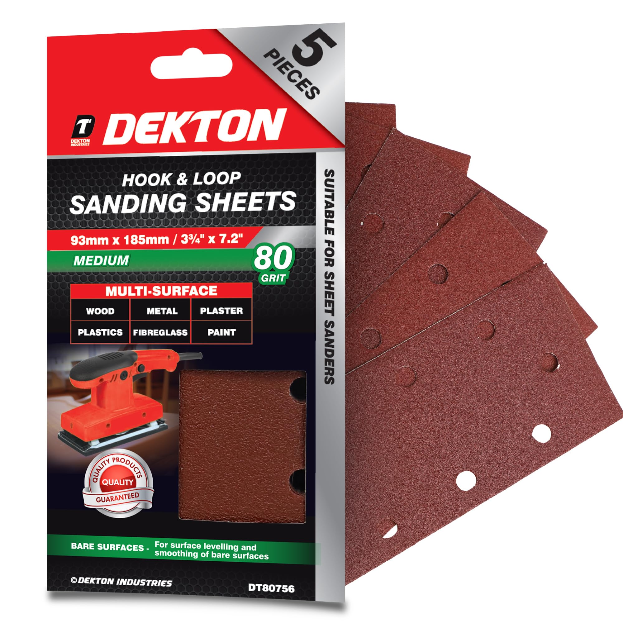 Dekton 5PC Hook and Loop Sanding Sheets 185mm/Extra Coarse - 80 Grit | Ideal for Sheet Sanders | Multi-Surface Use on Wood, Metal, Plaster, Plastics & Paint | Heavy-Duty Sanding Performance