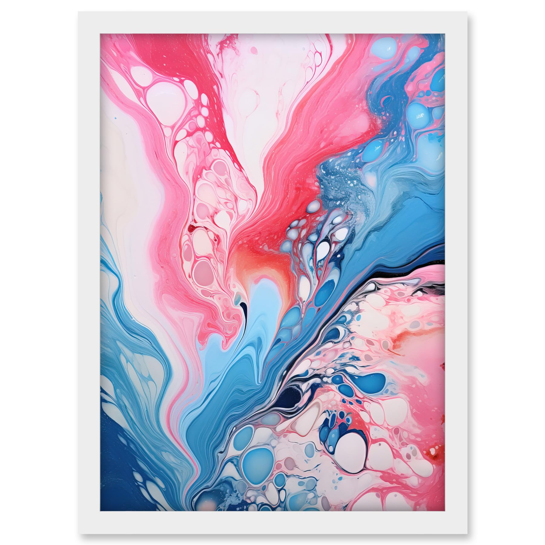Artery8 Fluid Paint Acrylic Pouring Abstract Artwork Pink Blue Flowing Colours Artwork Framed A3 Wall Art Print