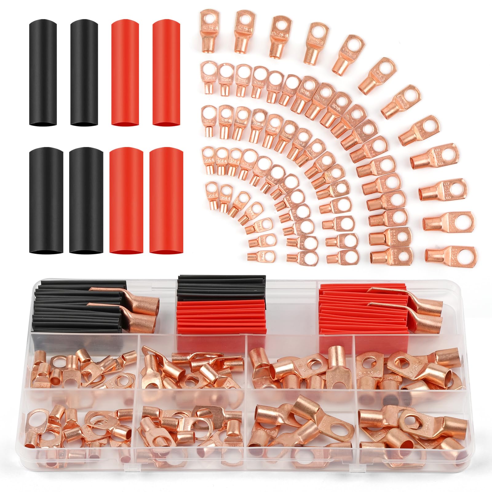 PEASUG Copper Wire Lugs 130Pcs, AWG 2 4 6 8 10 12 Gauge Battery Cable Ends with 66Pcs Heat Shrink Tubing Set, 64Pcs Ring Terminals Connectors
