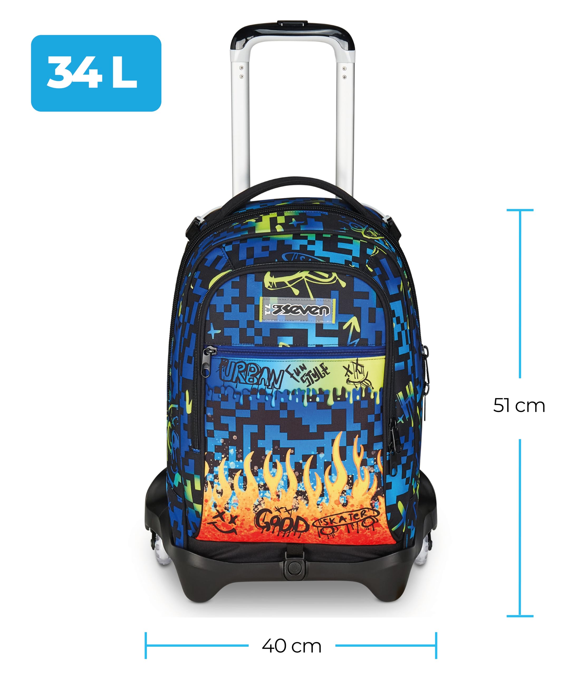 Seven Zaino Trolley Scuola Elementare Bambino 3 ruote, Zaino Sganciabile, Doppio Uso, Spallacci a Scomparsa, blu