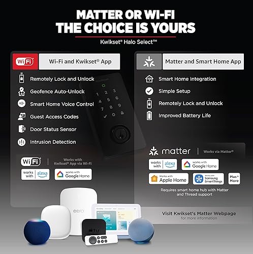 Miniatura 6 de Kwikset Halo Select Smart Lock Cerradura de puerta de entrada sin llave Wi-Fi y cerrojo habilitado para materia, no necesita concentrador,