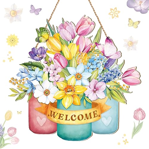 Juexica Decoración de puerta de primavera, letrero de bienvenida, colgador de pared de primavera para decoración de puerta delantera, frontones de