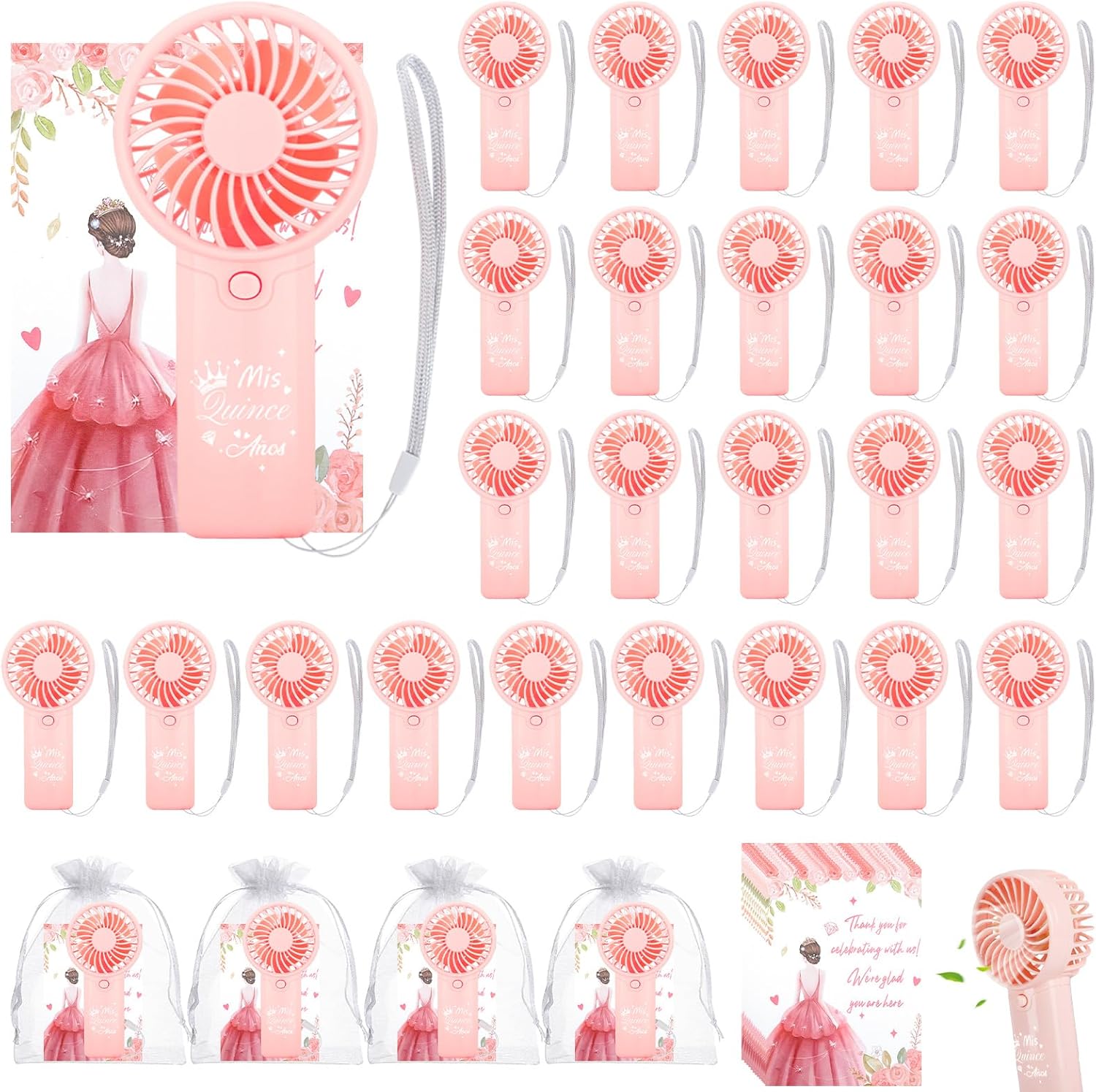 25Pcs Quinceanera Mini Handheld Fans for Guests, Mis Qunice Battery Powered Portable Fans with Cards Organza Bag for Sweet 15 Birthday Party Favors(Battery Not Include)(25, Quince Pink)