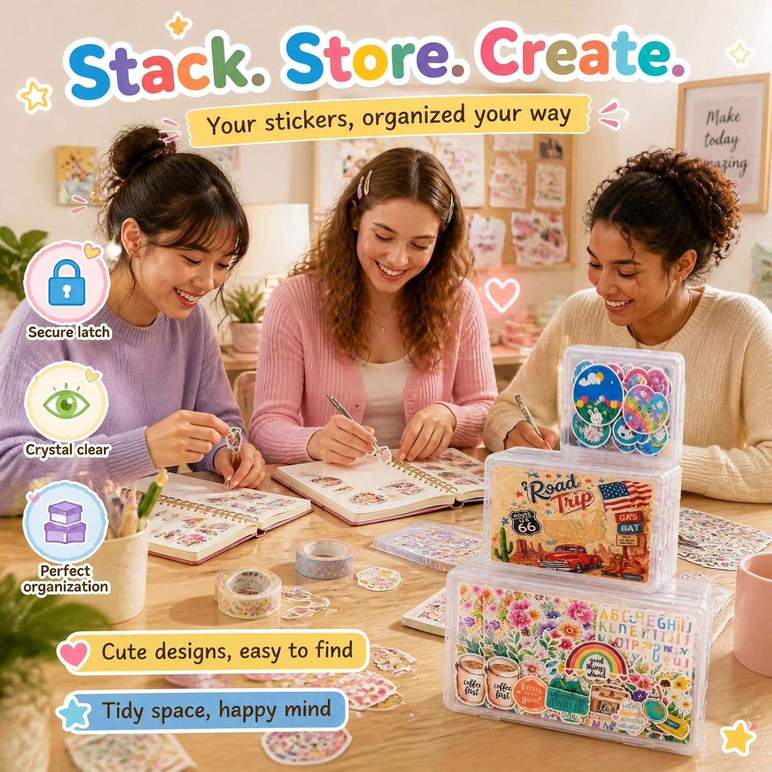 Clear Sticker Organizer Box with Snap Closure, 3 Pack Stackable Sticker Storage for Scrapbook Supplies, Washi Tape, Photocard, Sticker Journal, Transparent Sticker Case(3.5x3.5x0.7 inch)