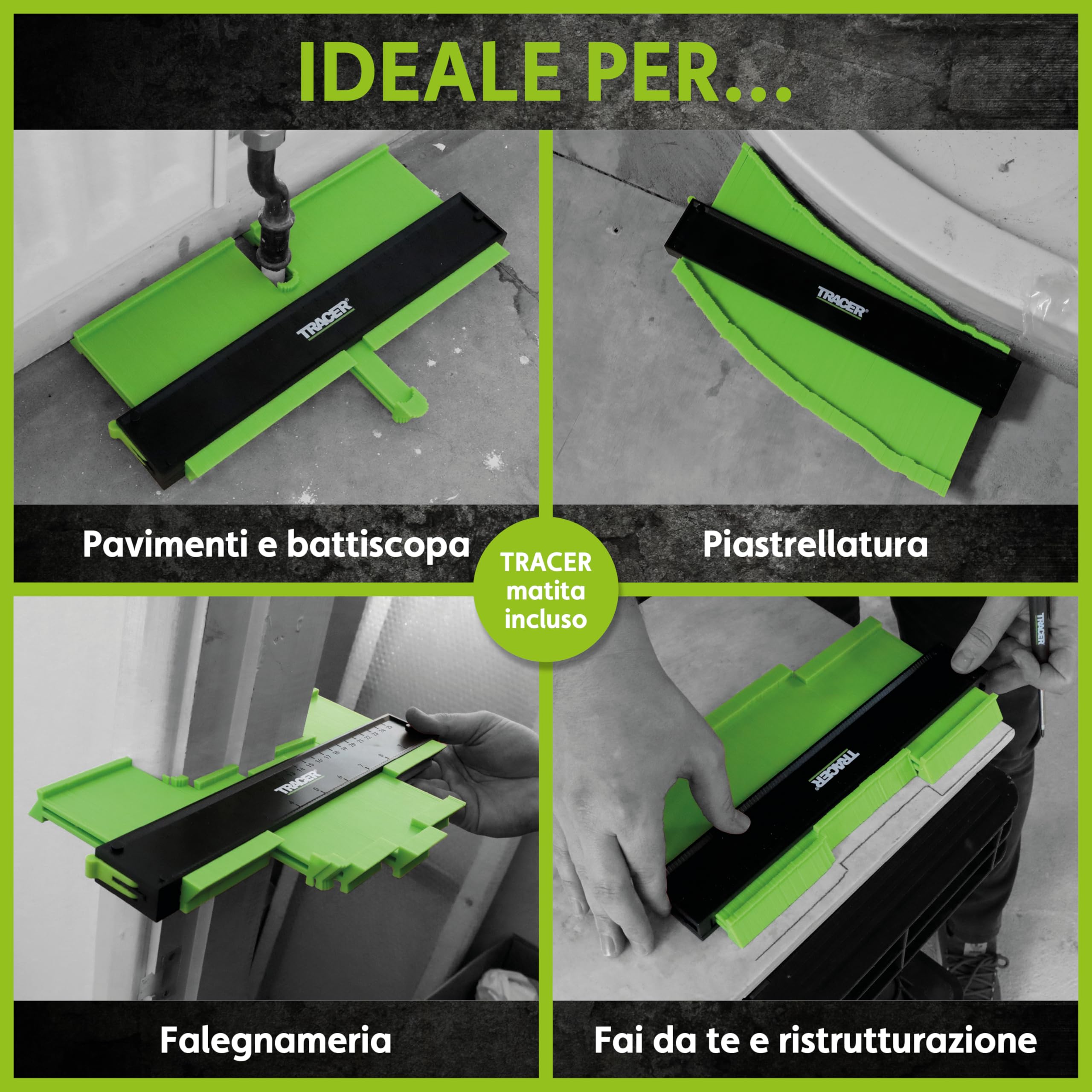 TRACER - Calibro per contorni, 250 mm, con matita per lavori di costruzione con fori profondi, set di matite per carpentieri