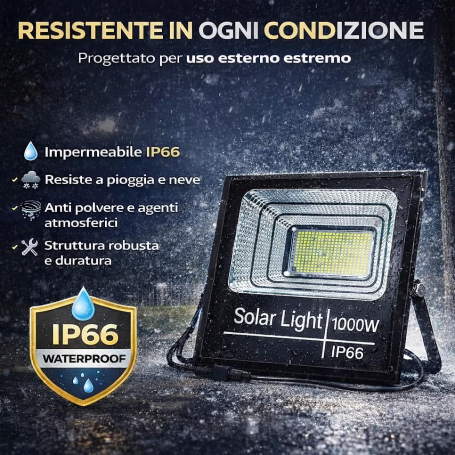 Faro Solare LED 1000W con Pannello Solare, Luce Esterno 6500K Ultra Potente, Sensore Crepuscolare Automatico, Telecomando, IP67 Impermeabile, Faretto da Esterno per Giardino, Cortile, Strada.