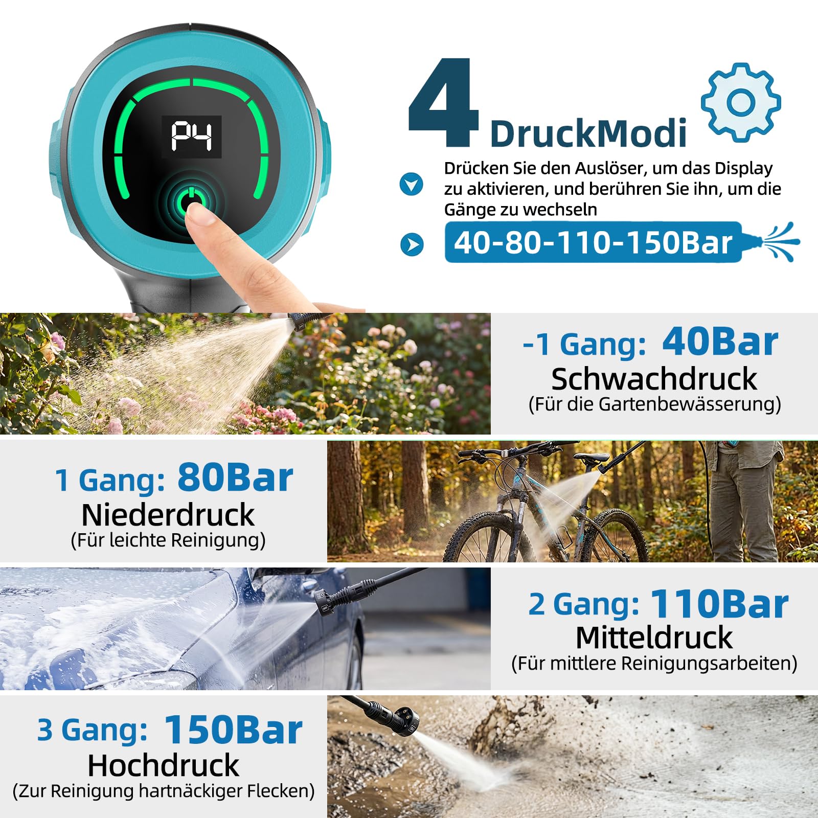 Limpiador de alta presión con batería, modo de 4 velocidades, máx. 150 bar, Hydro Blast, limpiador de alta presión móvil multifuncional con 2 baterías de 4,0 Ah, boquilla giratoria 6 en 1 y 180° para