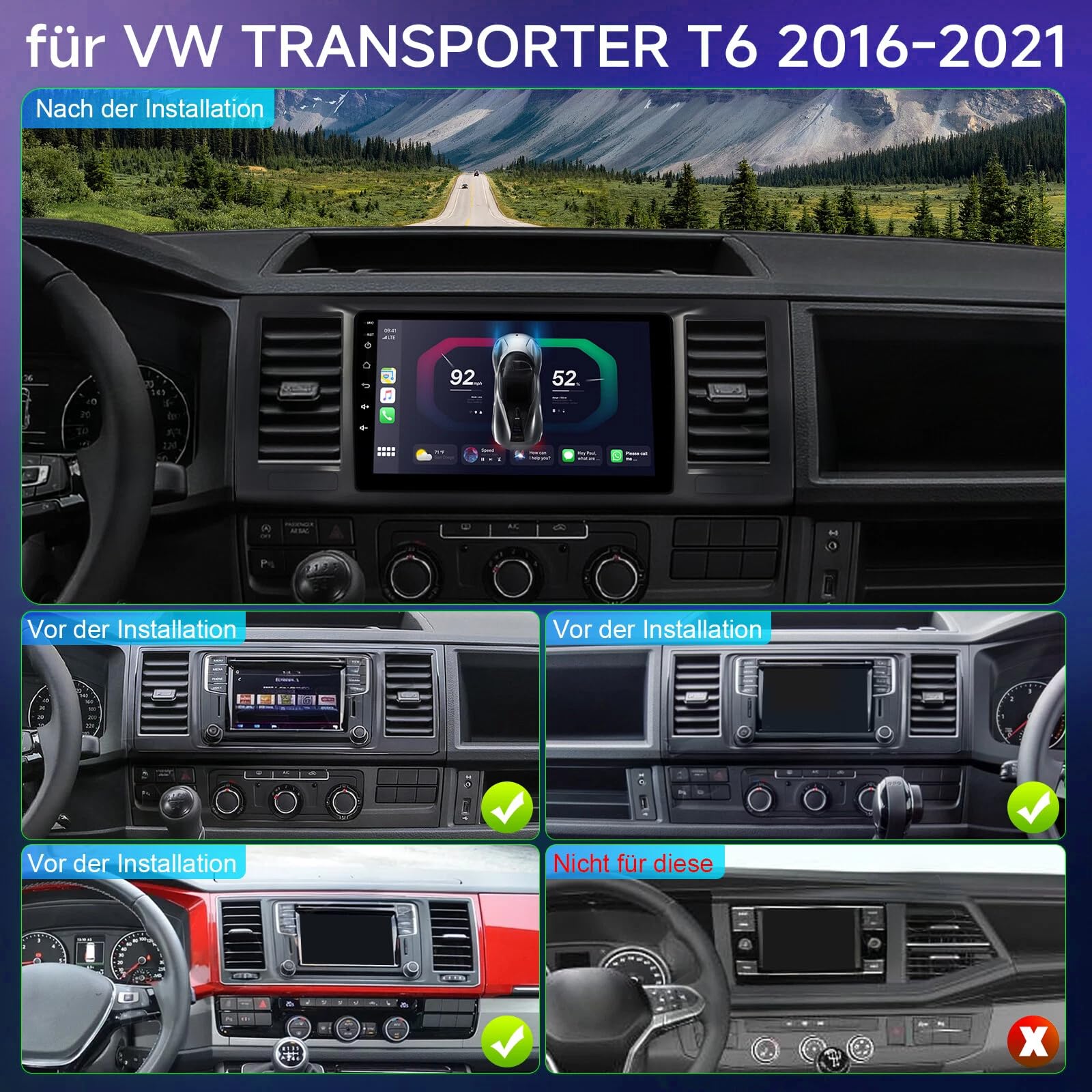 Bezprzewodowe radio samochodowe 4 + 64 G z systemem Android 14, 2 DIN, do T6 Transporter Multivan 2016-2022, 9-calowe radio samochodowe z systemem Android, nawigacją, GPS, WiFi, GPS/FM, radiem, kamerą