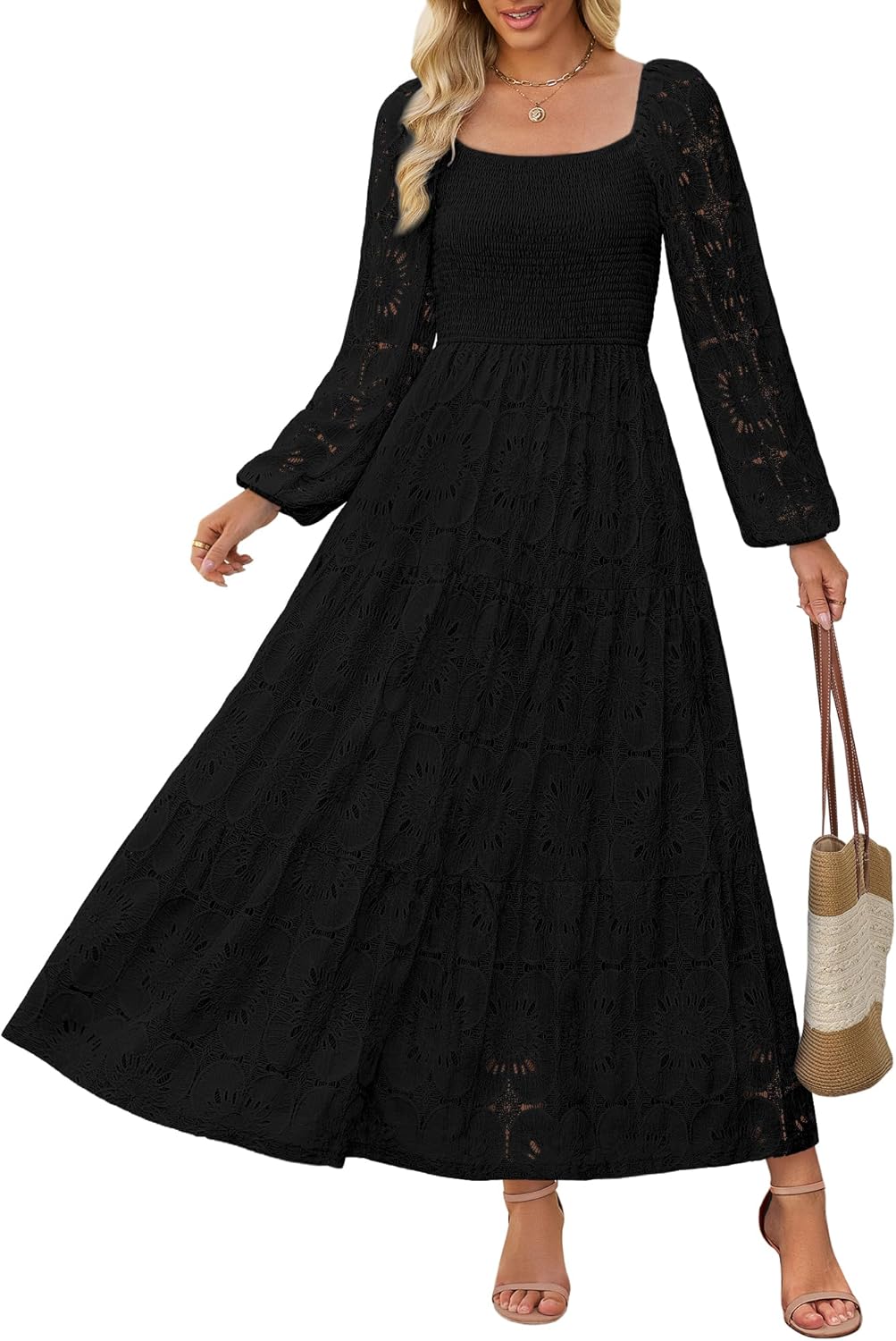 Women's Fall Long Puff Sleeve Maxi Dress Smocked Square Neck Lace Hollow Out Eyelet A Line Boho Flowy Wedding Guest Dresses