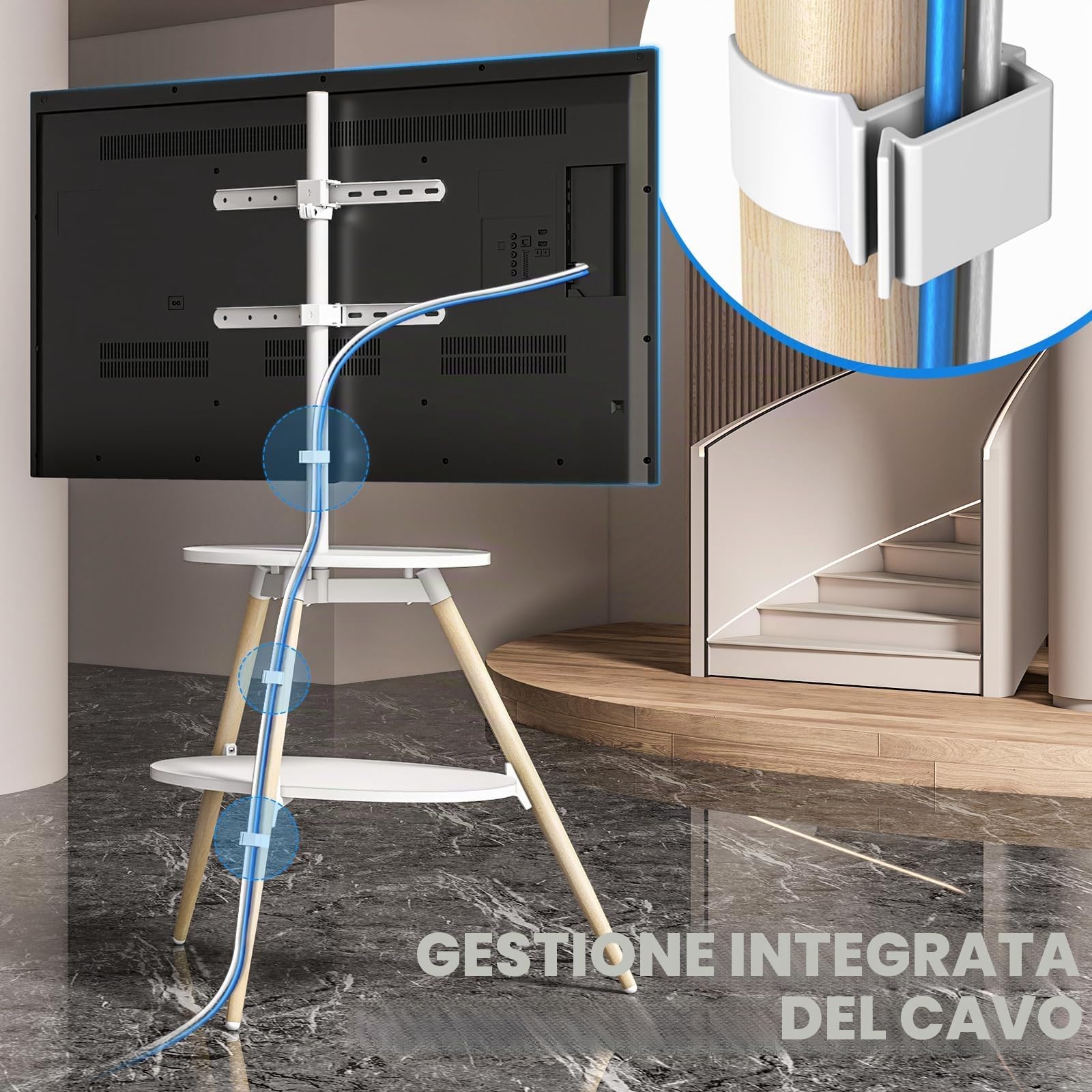 5Rcom Cavalletto per TV con 2 ripiani, girevole e regolabile in altezza, in legno, per schermo LED LCD OLED da 32-65 pollici, VESA max 400 x 400 mm, carico massimo 40 kg, bianco