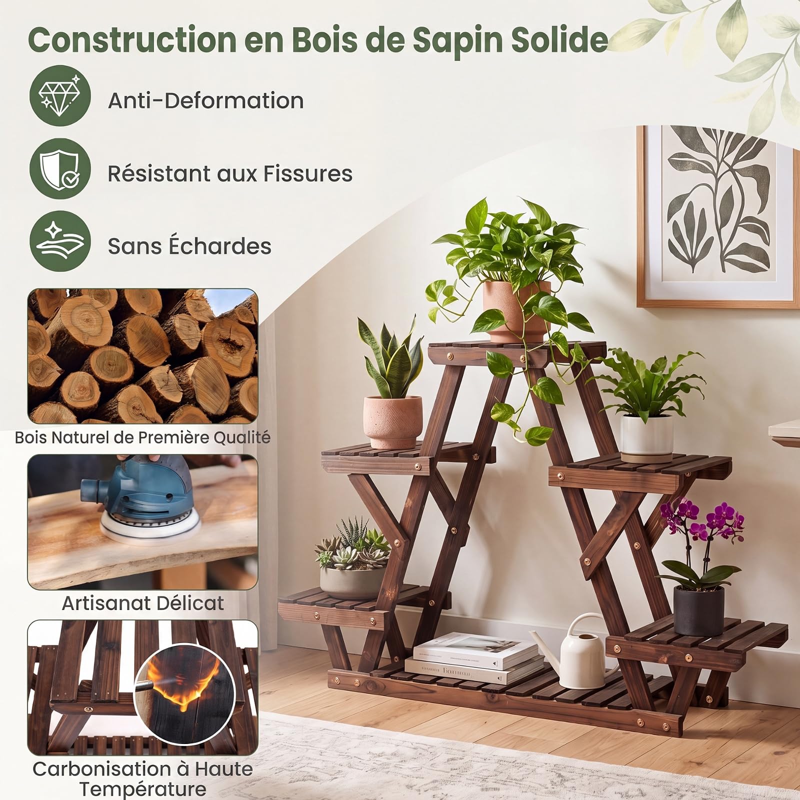COSTWAY Étagère à Fleurs 4 Niveaux en Bois, Porte-Plantes